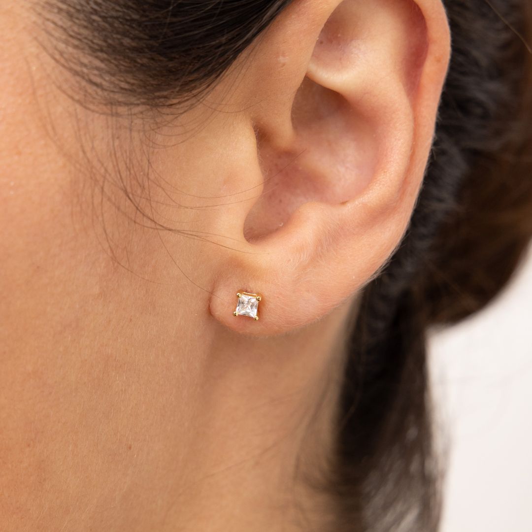 Gold Princess Diamond Style Square Stud Earrings