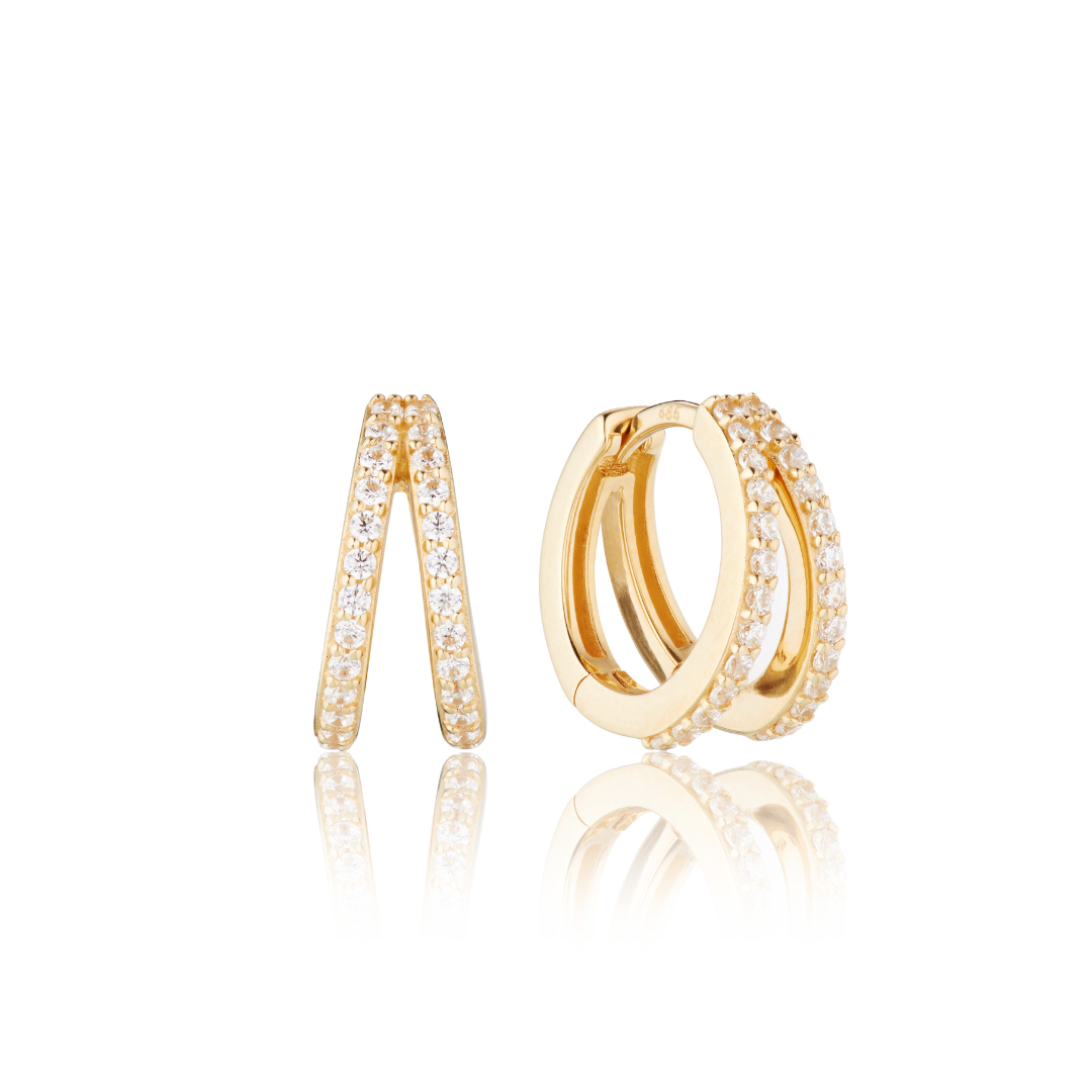 Gold Double Diamond Style Huggie Hoop Earrings