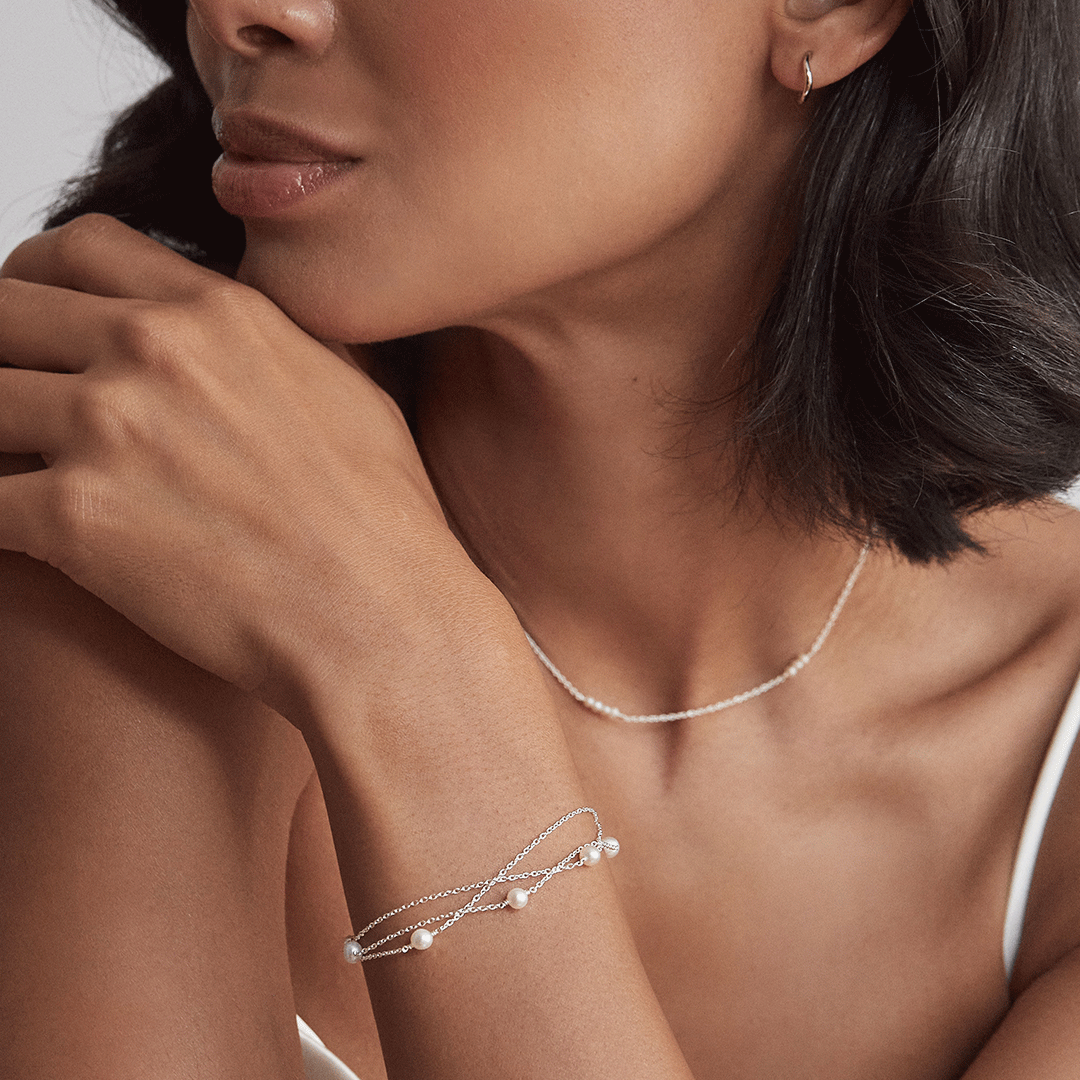 Solid White Gold Layered Pearl Bracelet