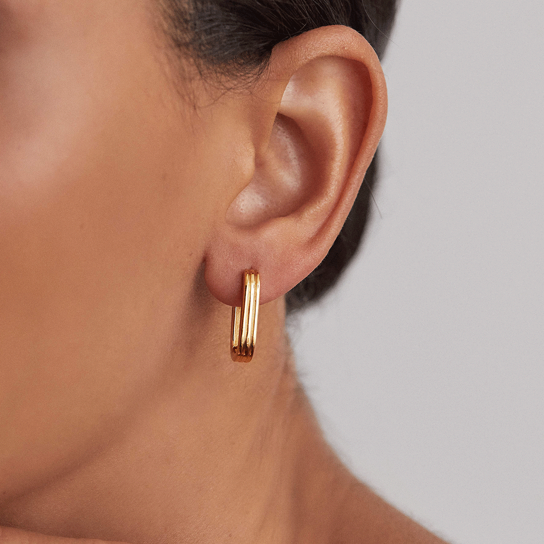 Gold Ribbed Pearl Drop Hoop Earrings