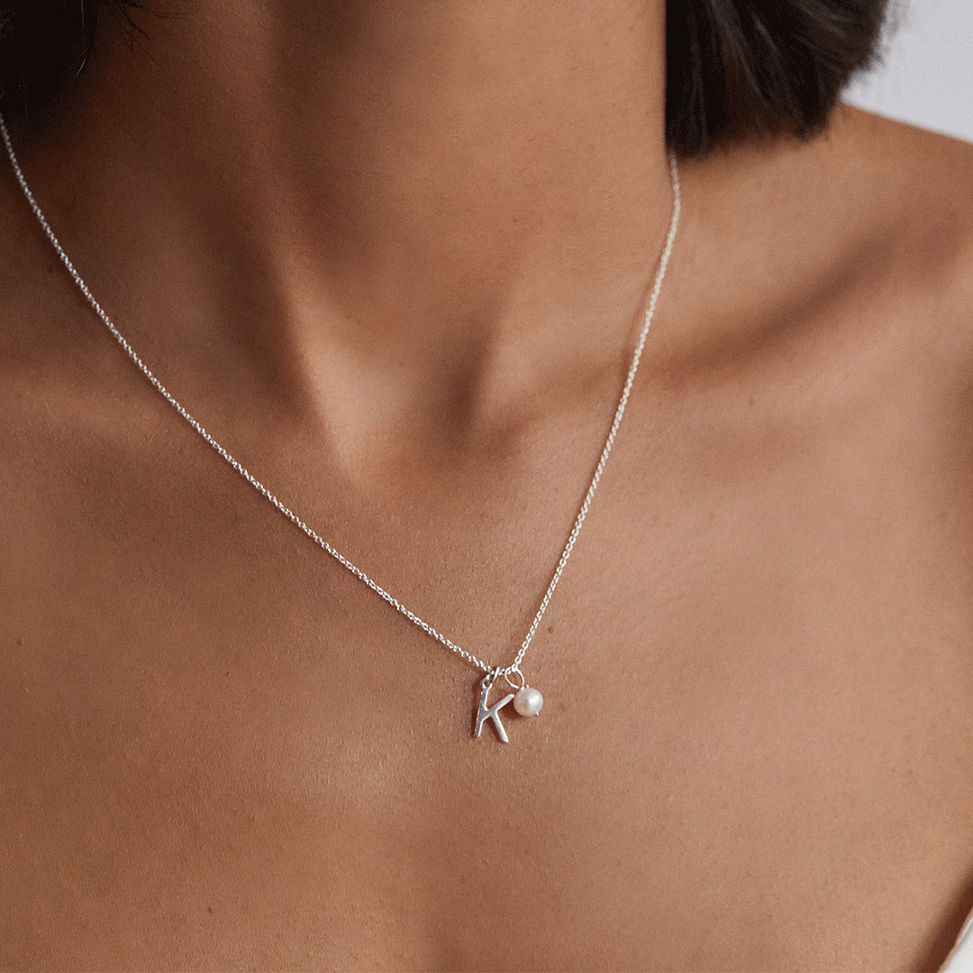 Solid White Gold Initial and Pearl Drop Necklace