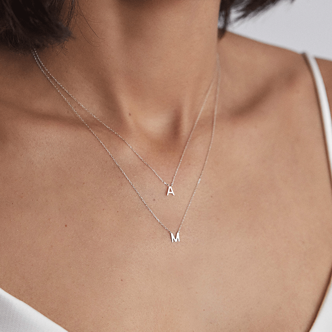 Solid White Gold Miniature Initial Letter Necklace