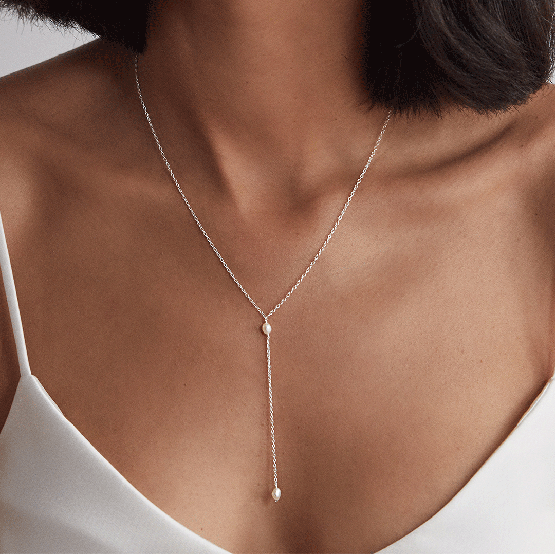 Silver Double Seed Pearl Lariat Necklace