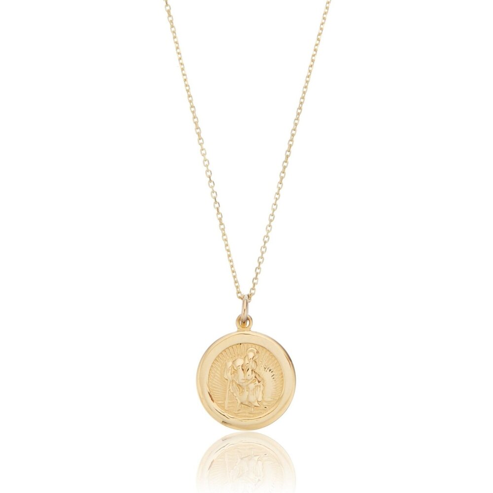Solid Gold Small Round St Christopher Medallion Necklace