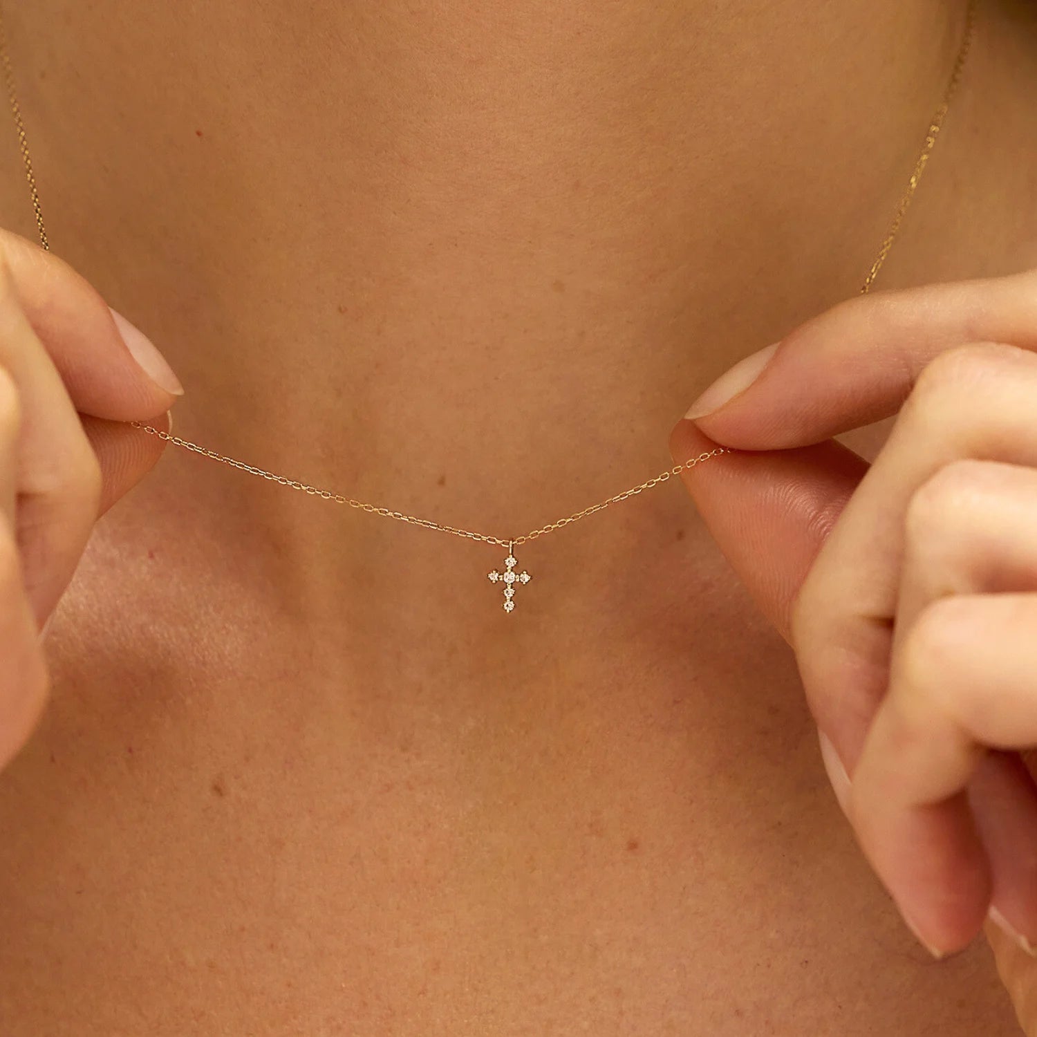 Solid Gold Brilliant Genuine Diamond Tiny Cross Necklace