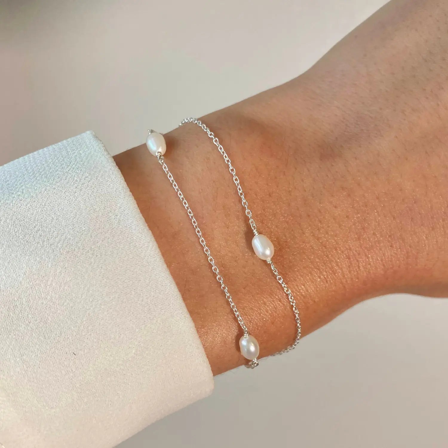 Solid White Gold Layered Seed Pearl Bracelet
