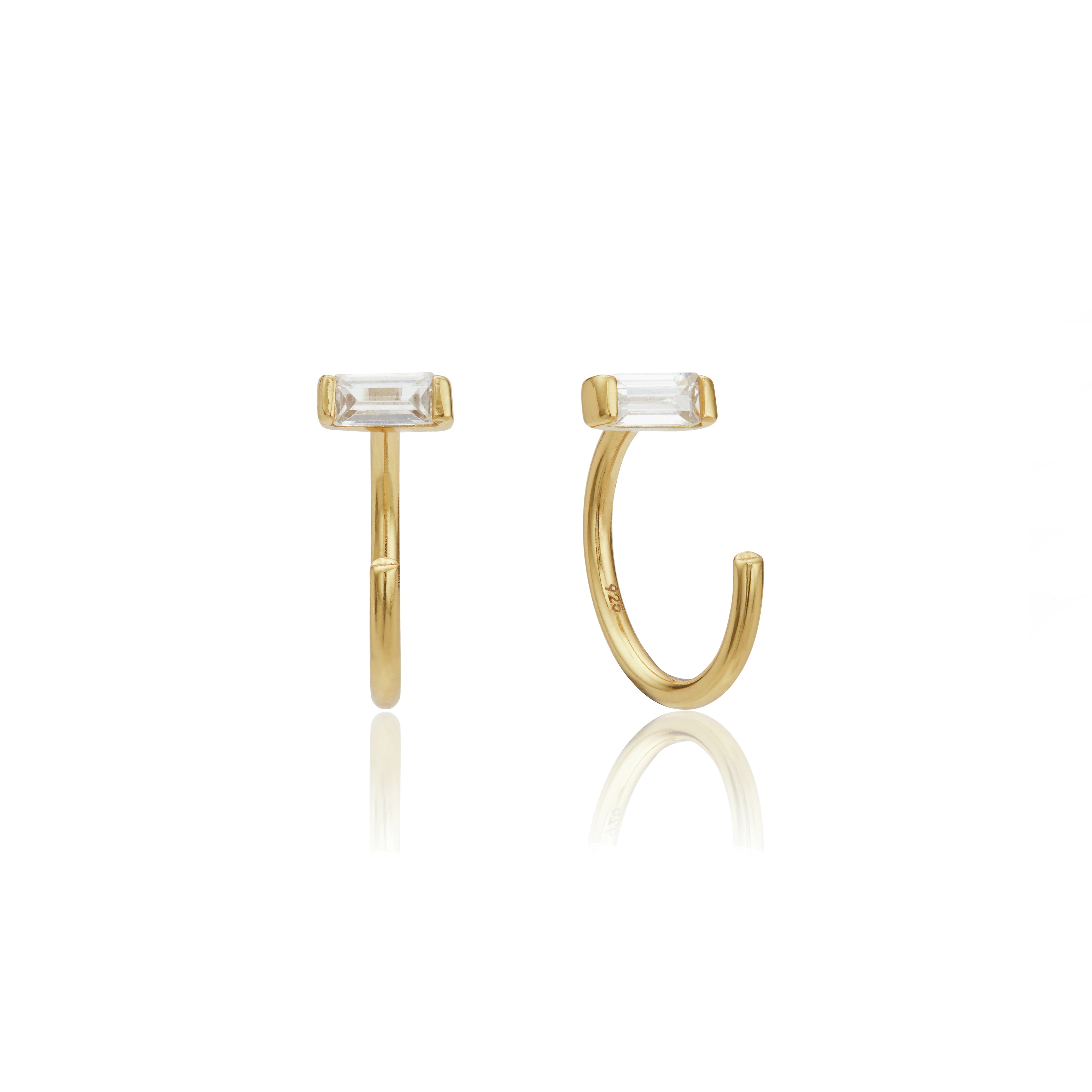 Gold diamond style baguette lobe hoop earrings on a white background