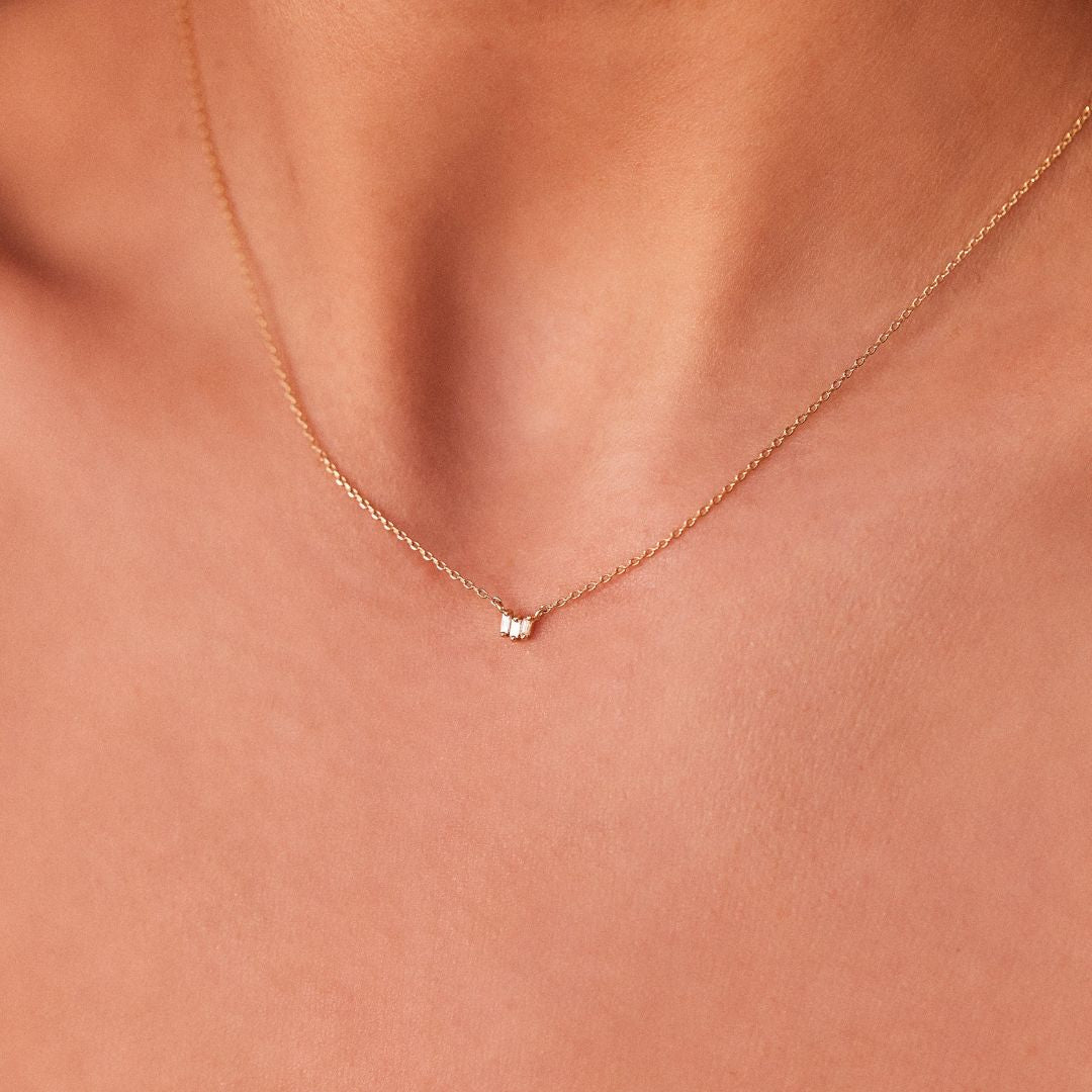 Solid White Gold Triple Baguette Diamond Necklace