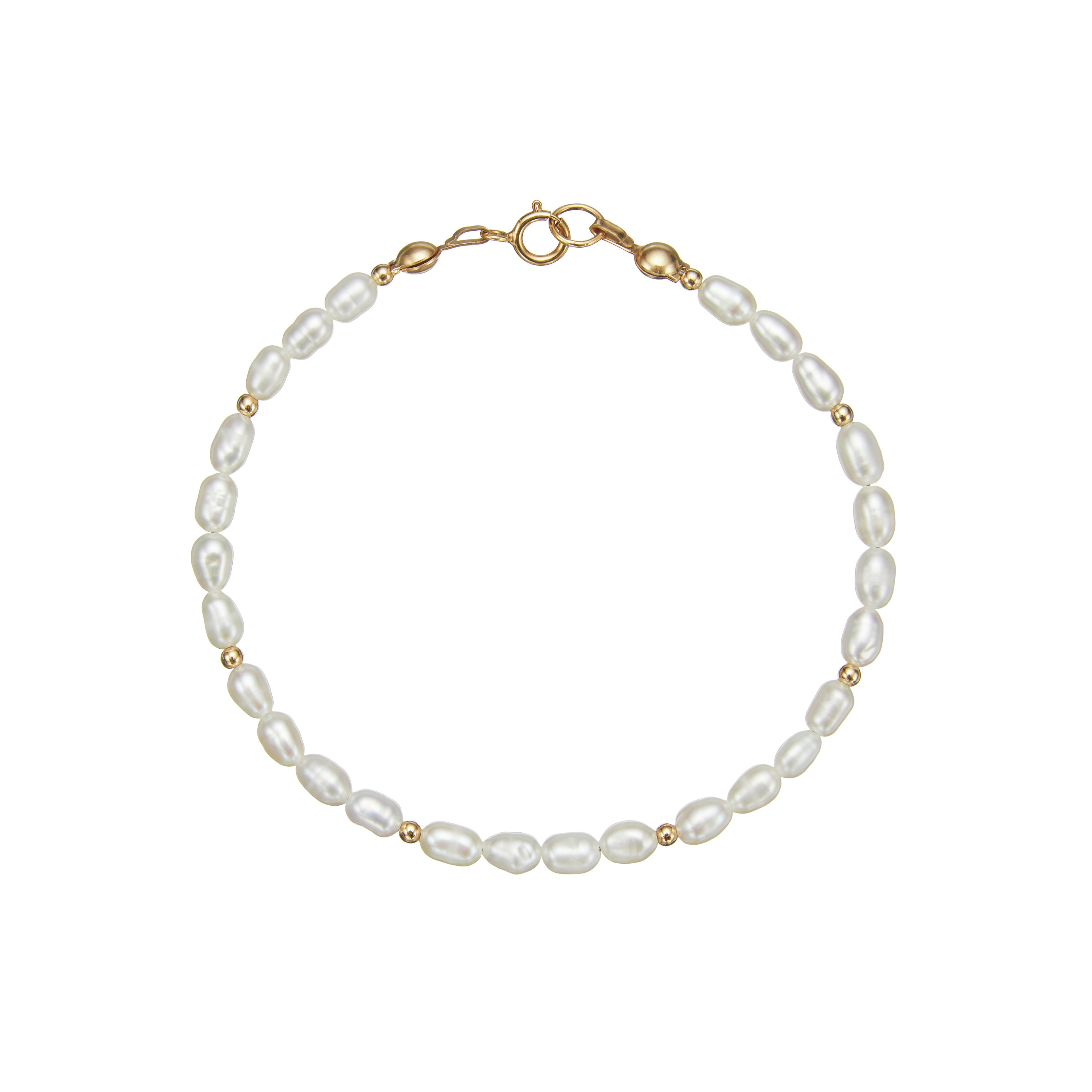 Gold beaded seed pearl bracelet on white background