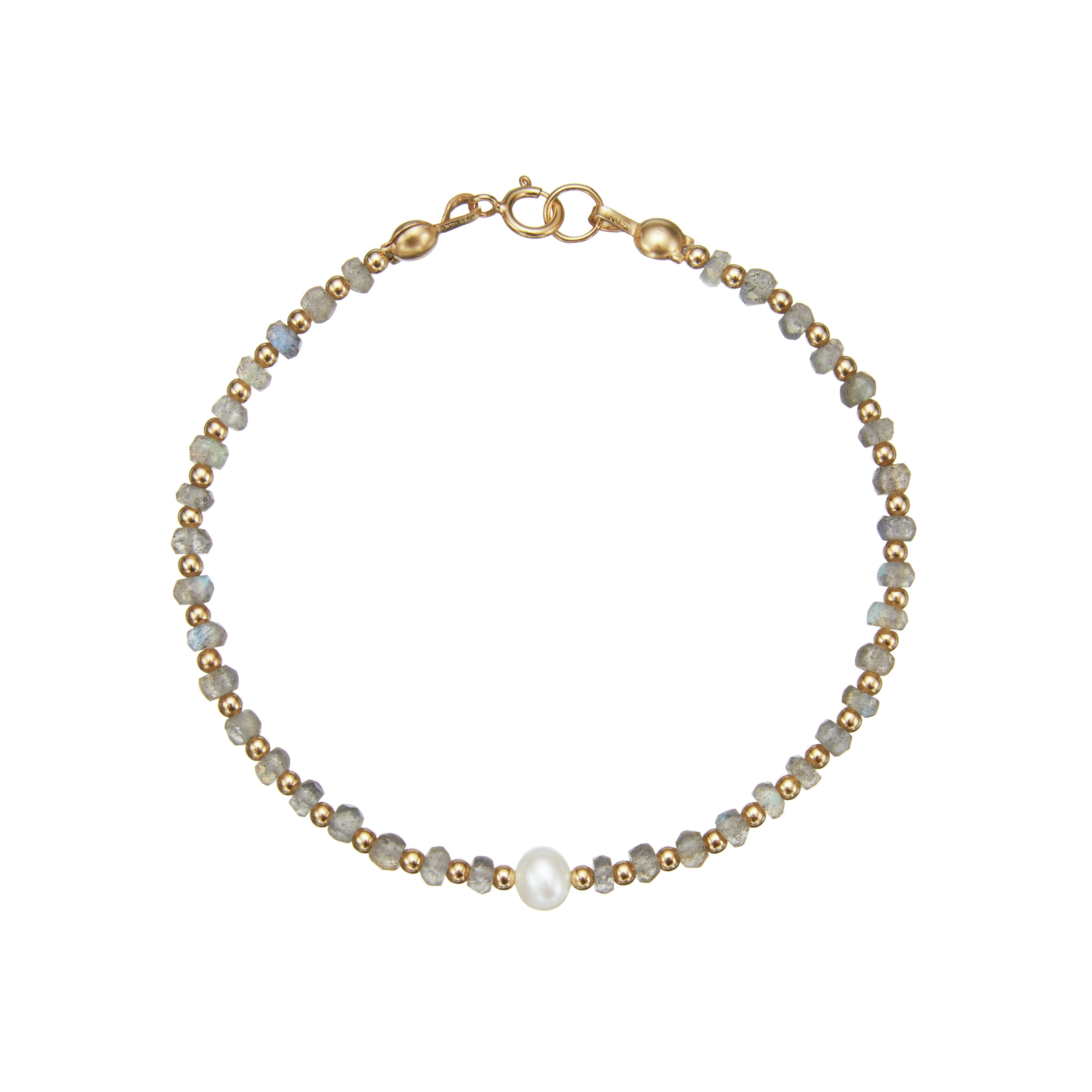 Gold labradorite gemstone bracelet on a white background