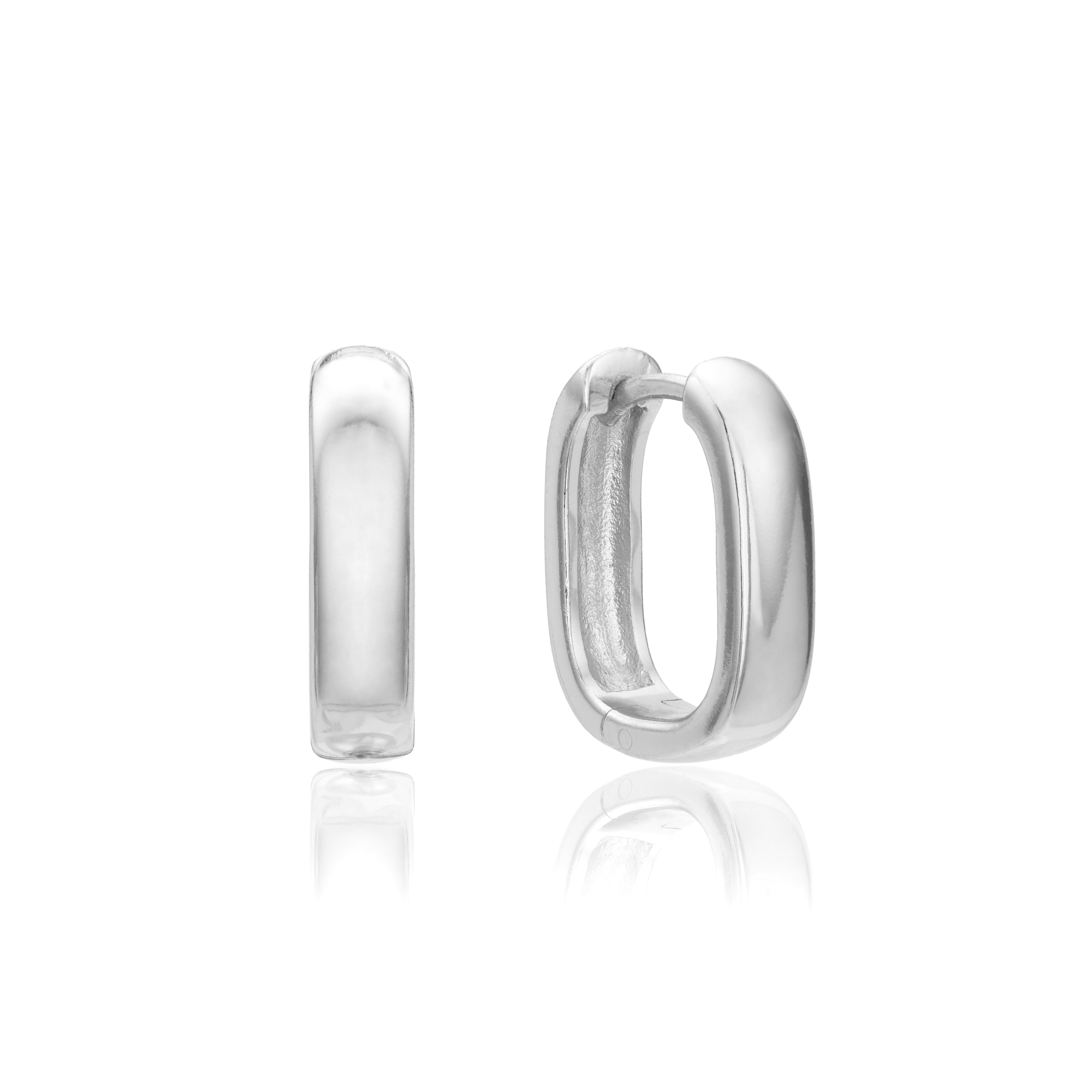 Silver thick squared hoop earrings on a white background