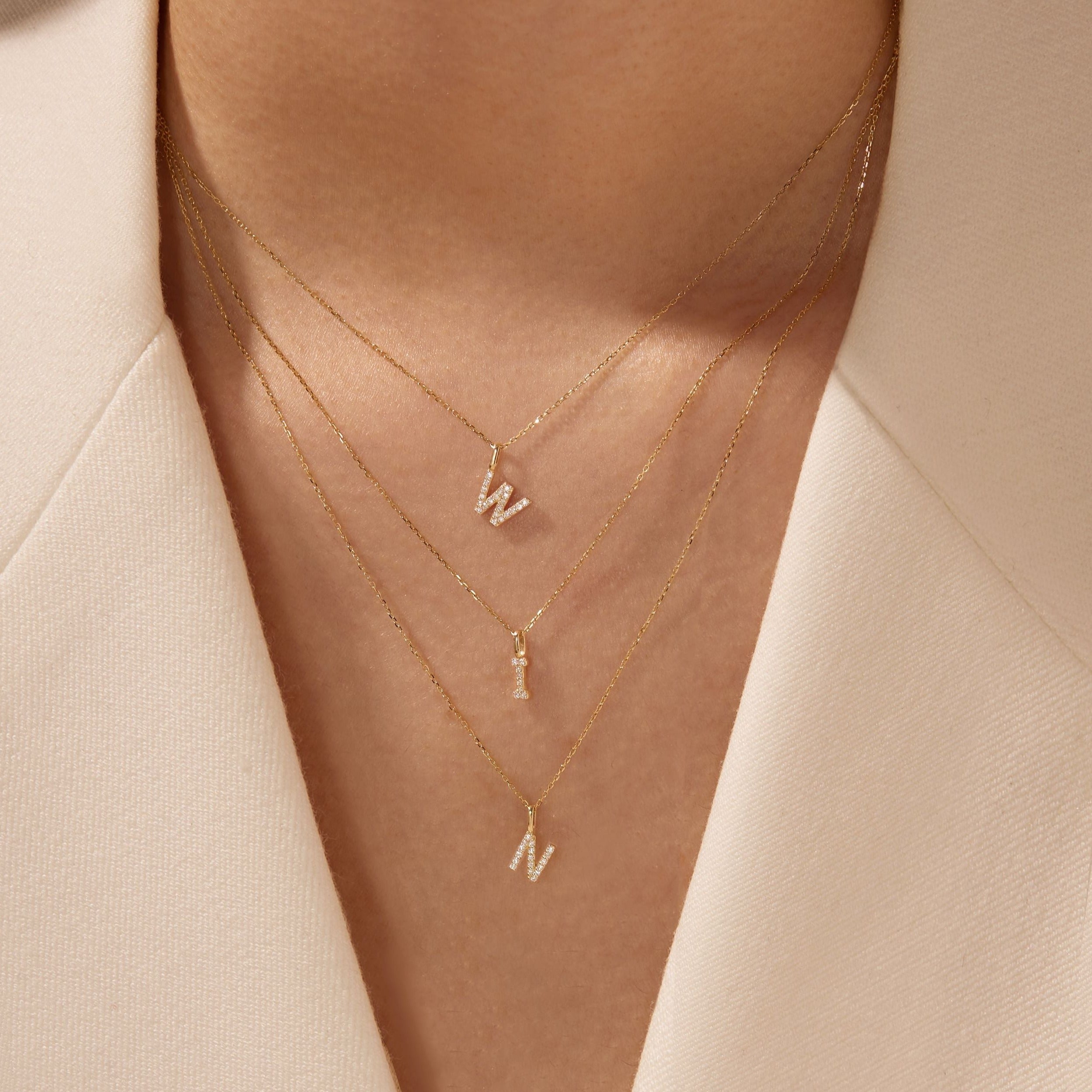 Solid Gold Genuine Diamond Initial Letter Necklace
