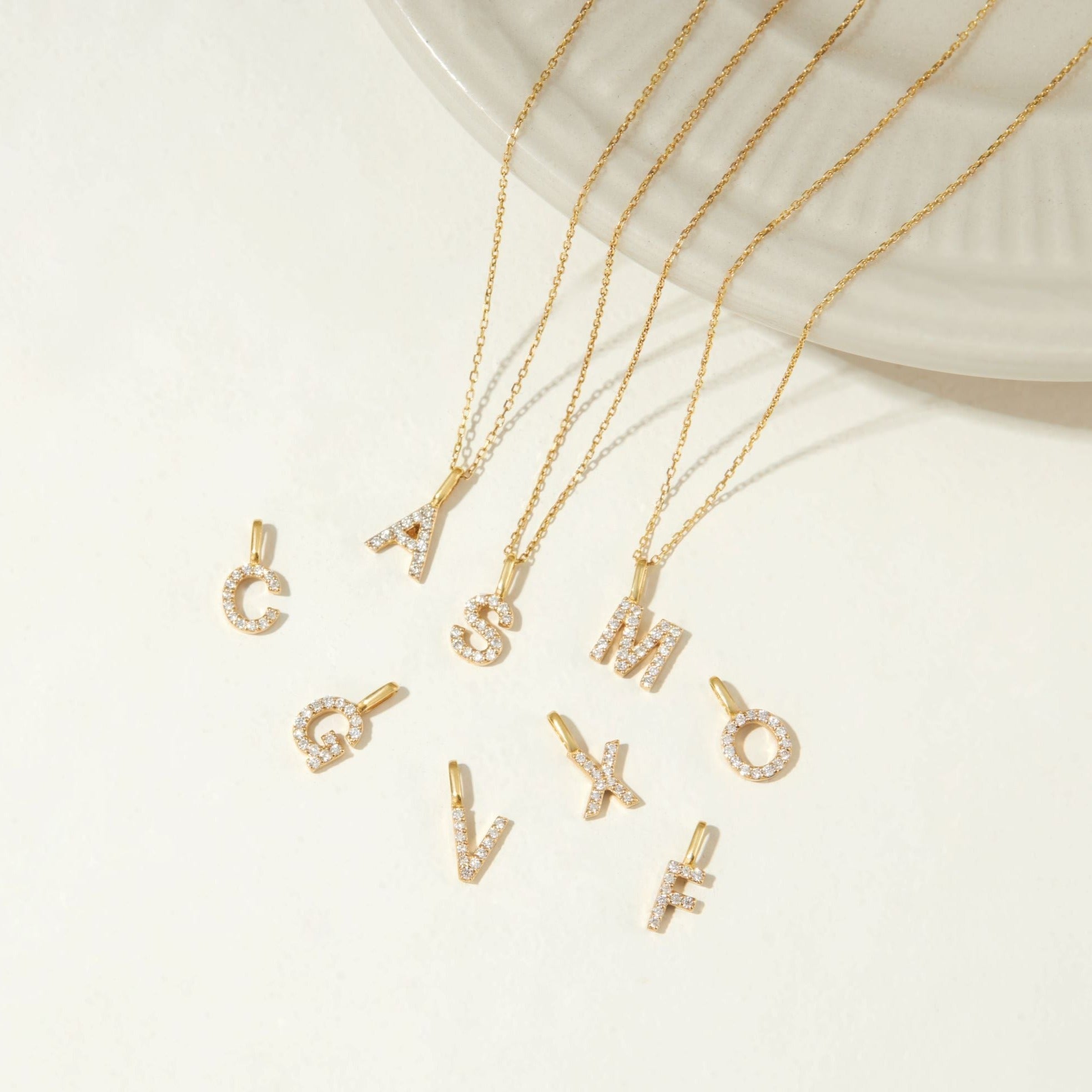 Solid Gold Genuine Diamond Initial Letter Necklace