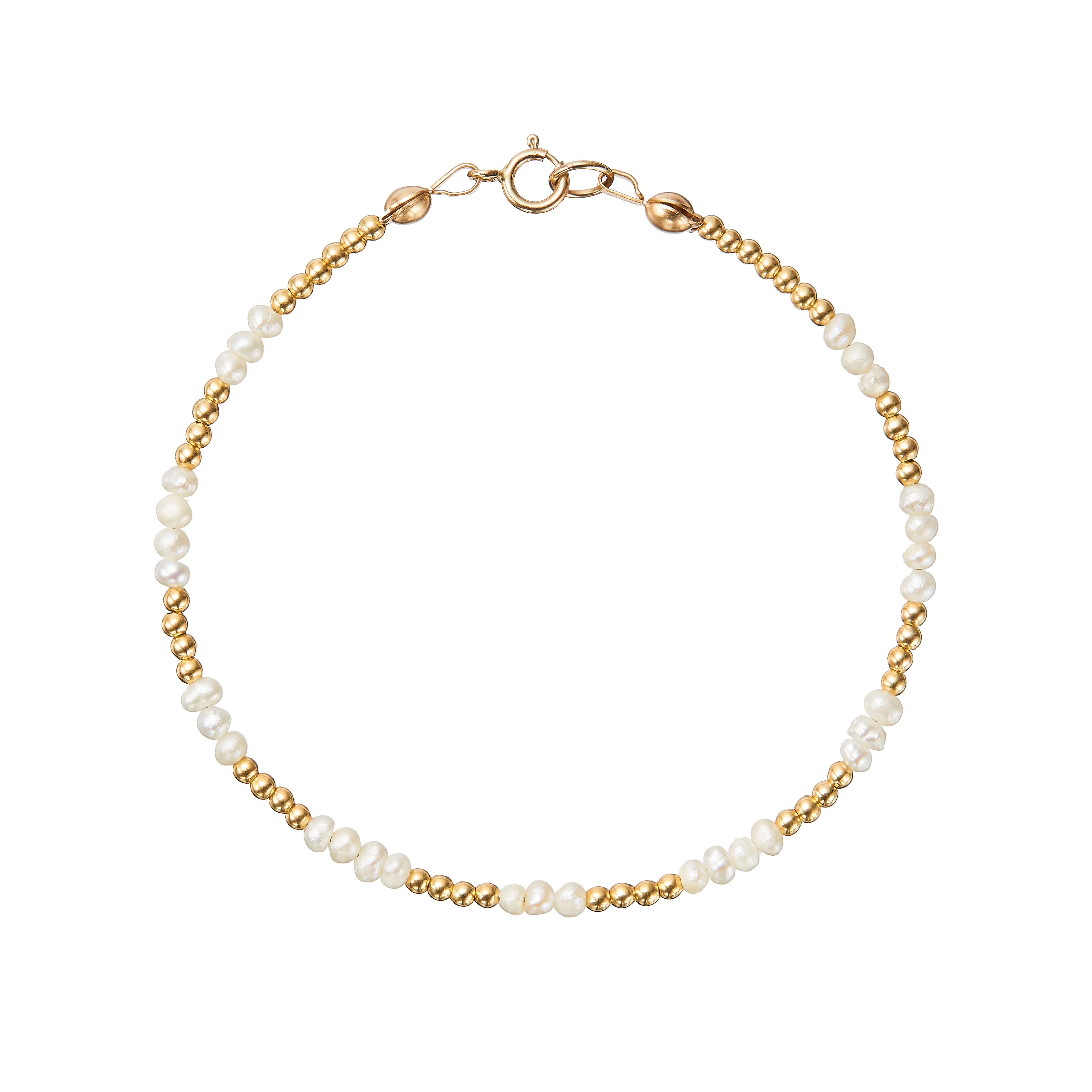 Gold beaded mini pearl bracelet on white background