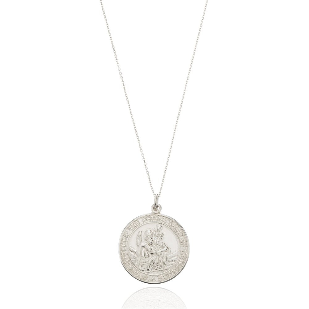 Silver Large Round St Christopher Medallion Necklace