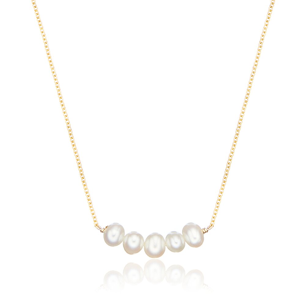 Gold pearl cluster necklace on a white background