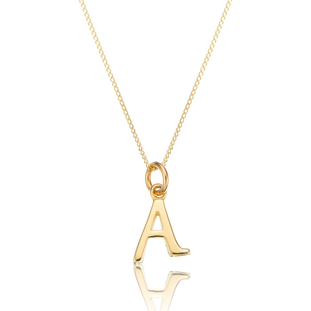 Solid gold curve initial letter necklace 'A' on a white background