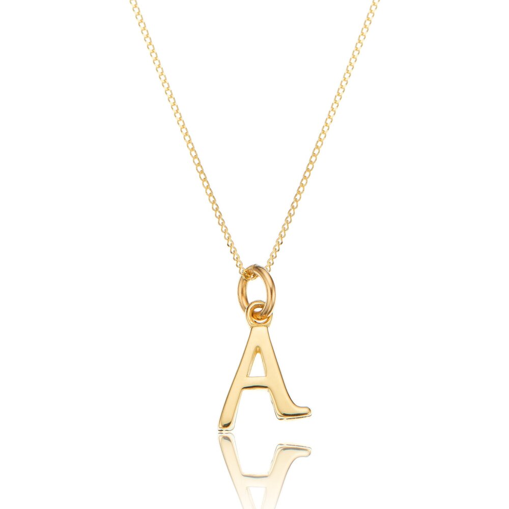 Solid gold curve initial letter necklace 'A' on a white background