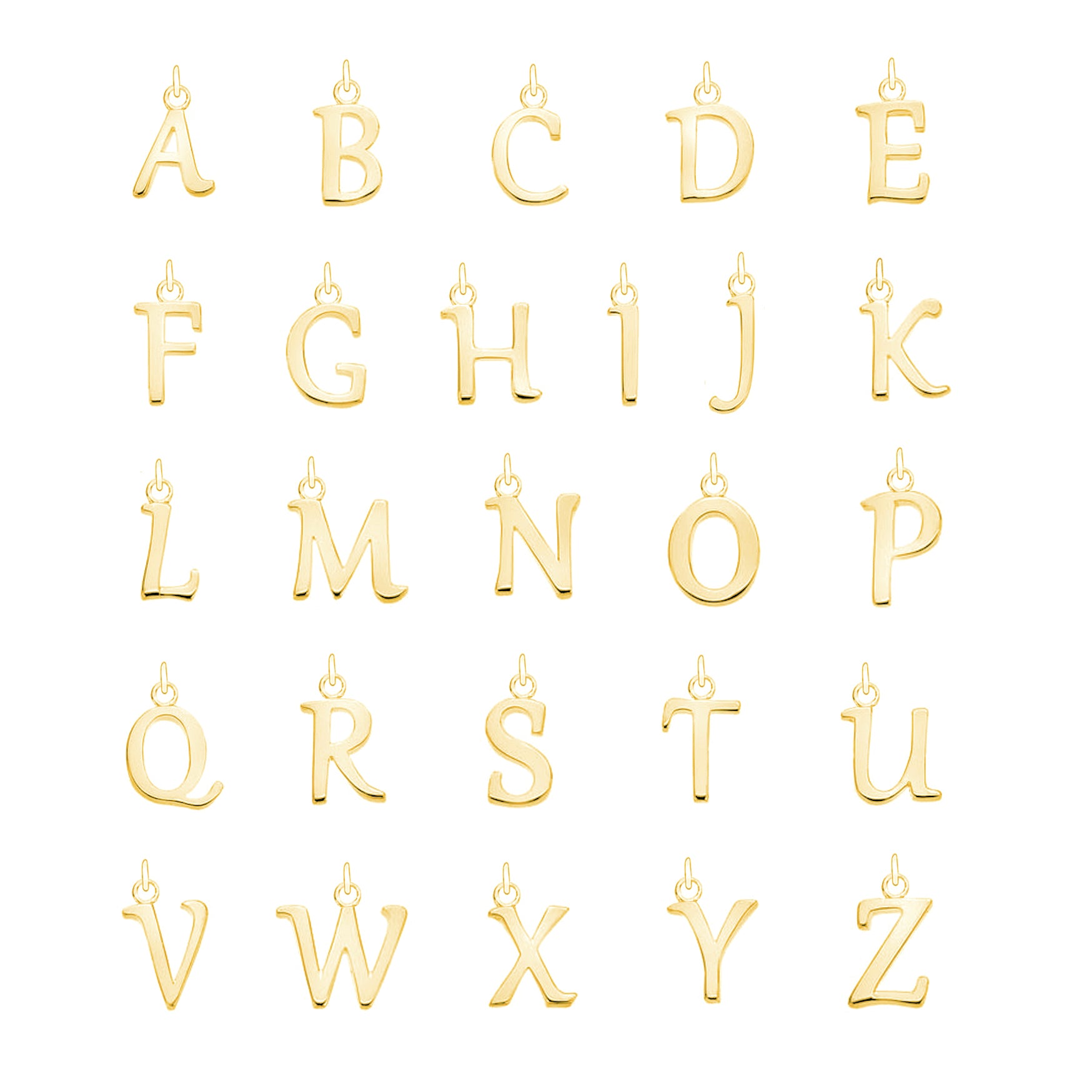 Solid gold curve initial letters of the alphabet displayed, in order, on a white background