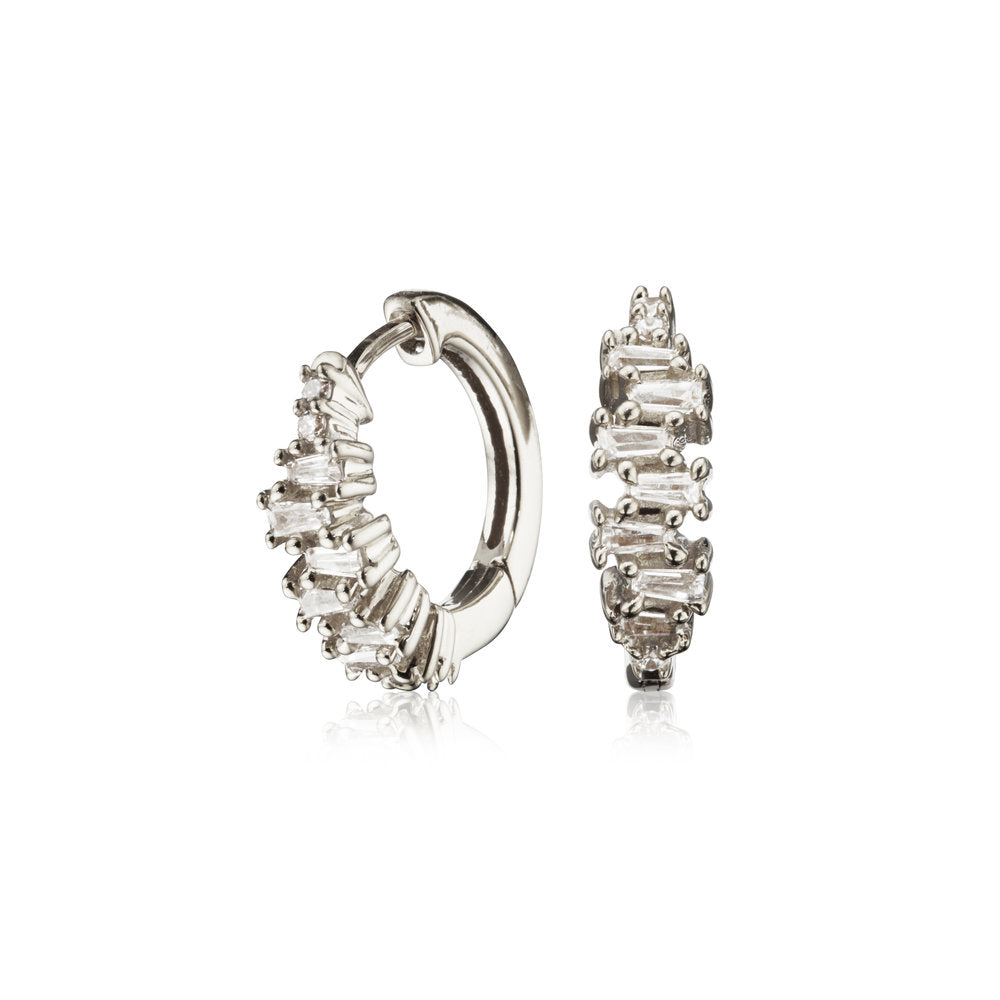 Silver Diamond Style Stacked Baguette Huggie Hoop Earrings