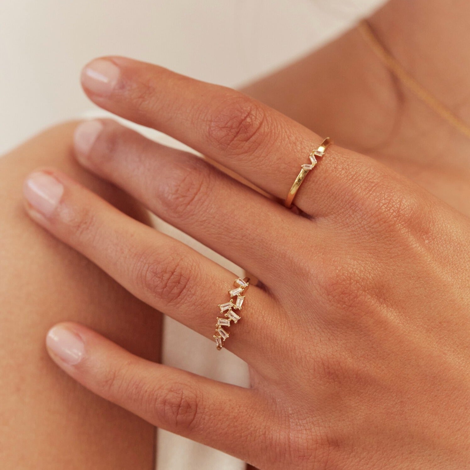 Gold diamond style baguette ring with gold diamond style three baguette ring