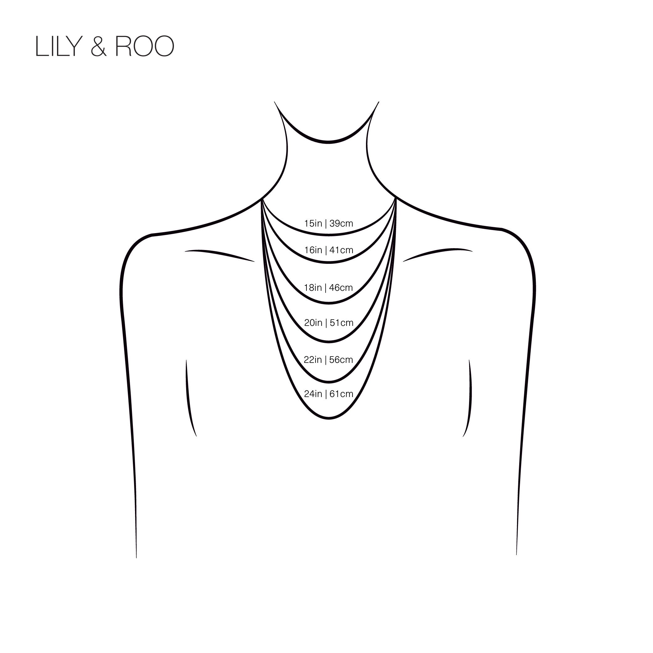 Silhouette drawing of a neck and chest with necklaces drawn on the neck and their sizes labelled in inches and cm