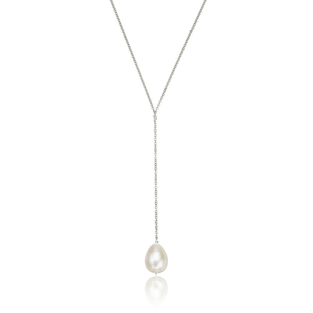 White Gold Large Pearl Lariat Necklace