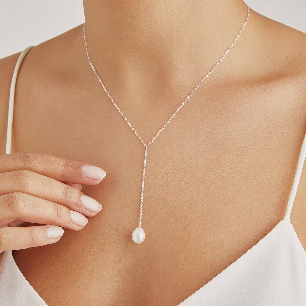 Solid White Gold Large Pearl Lariat Necklace