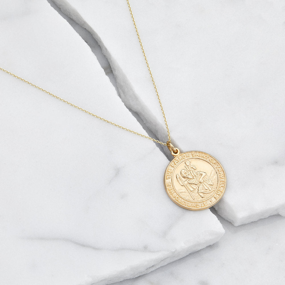 Solid Gold Large Round St Christopher Medallion Necklace