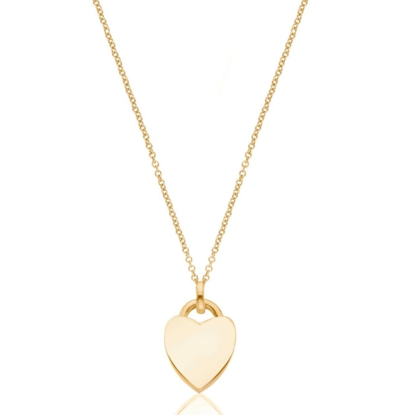 Gold heart padlock pendant necklace on a white background