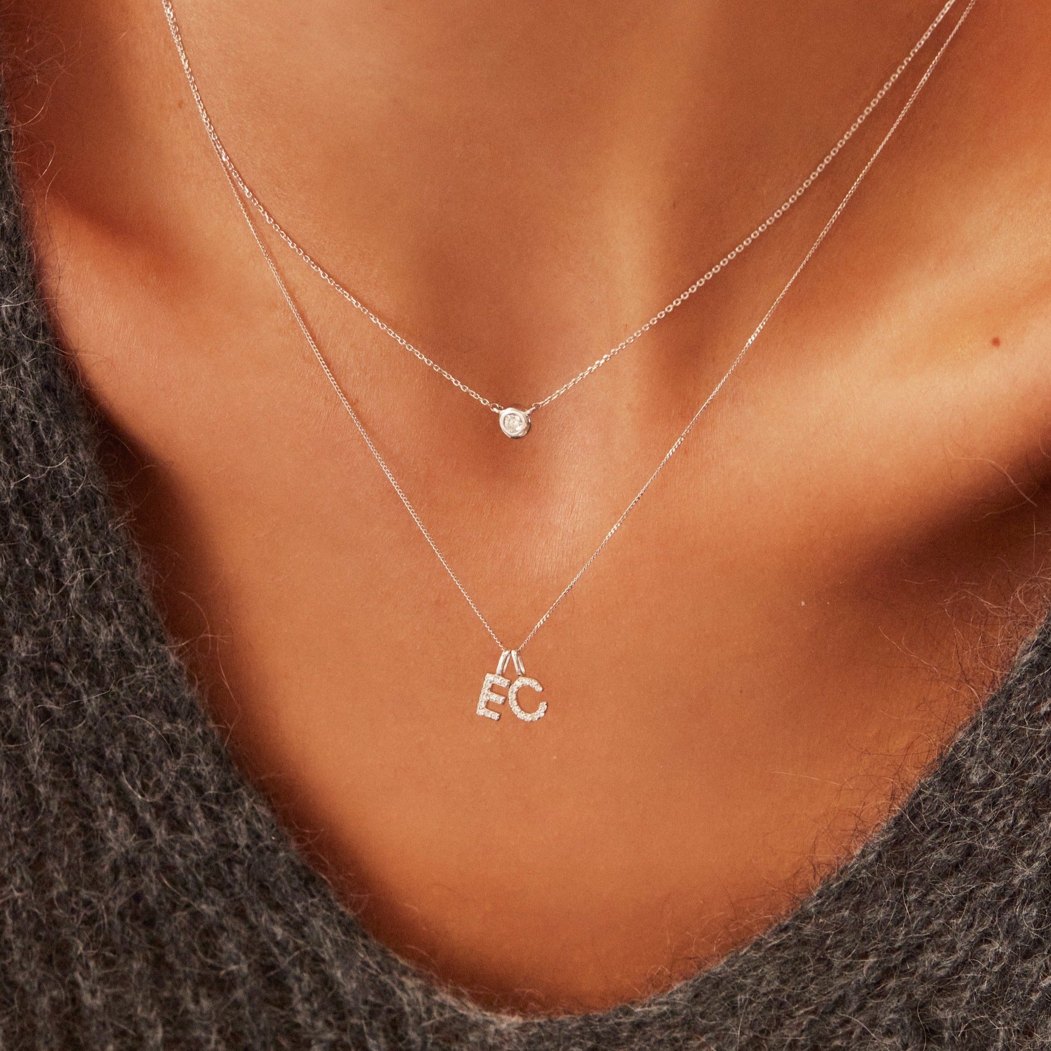 Solid White Gold Genuine Diamond Initial Letter Necklace