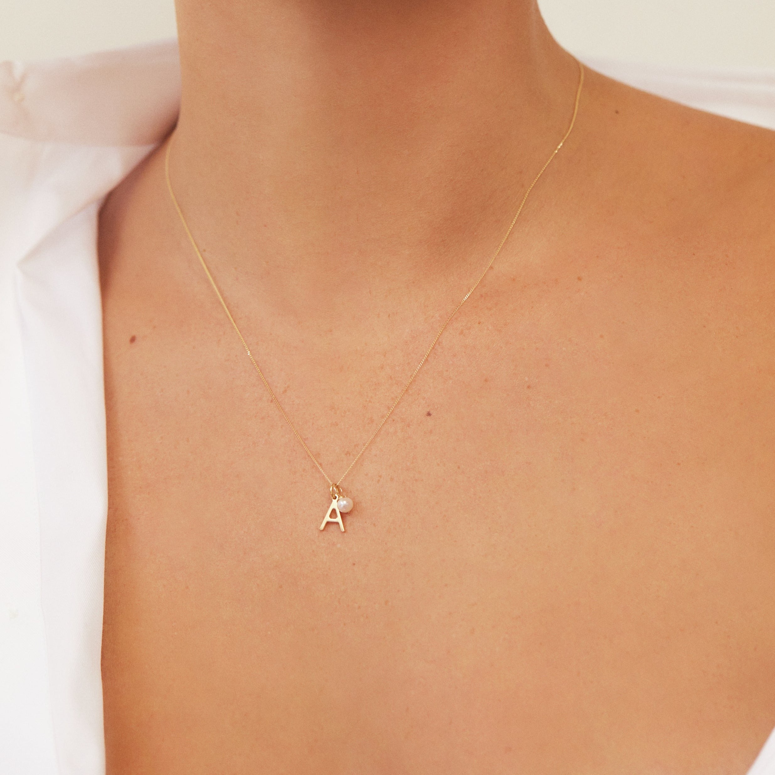 Solid Gold Initial and Pearl Drop Necklace