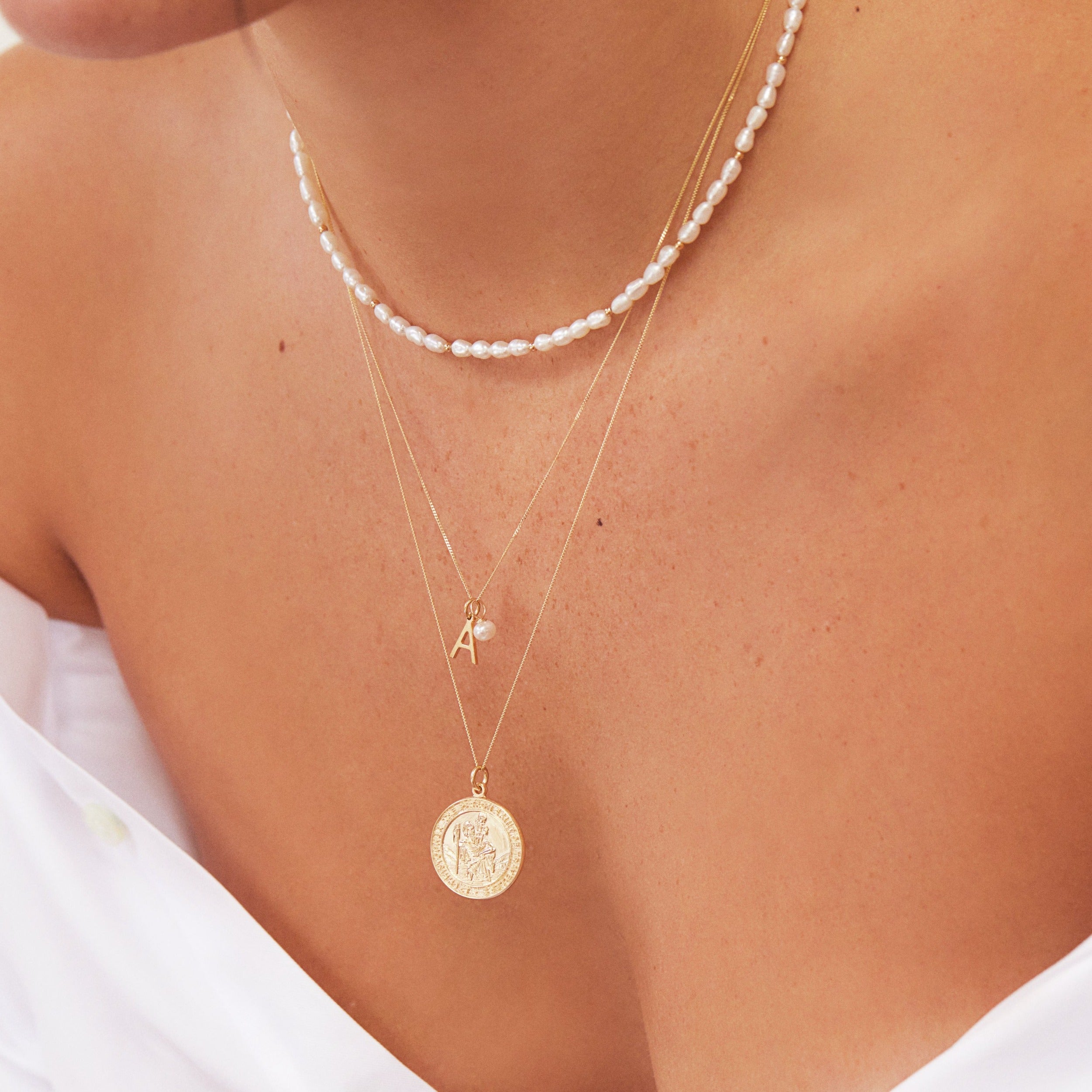 Solid Gold Initial and Pearl Drop Necklace