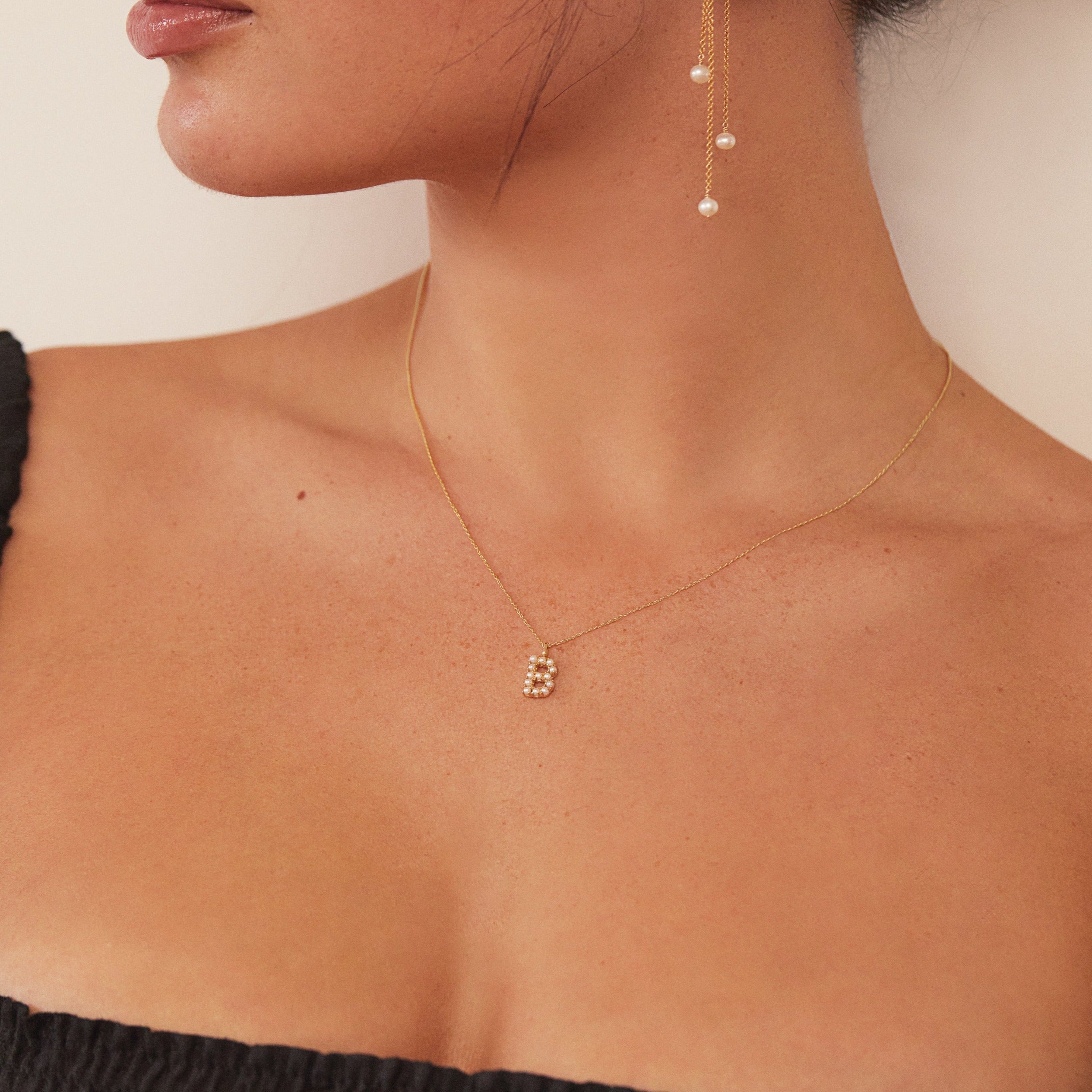 Solid Gold Pearl Initial Letter Necklace