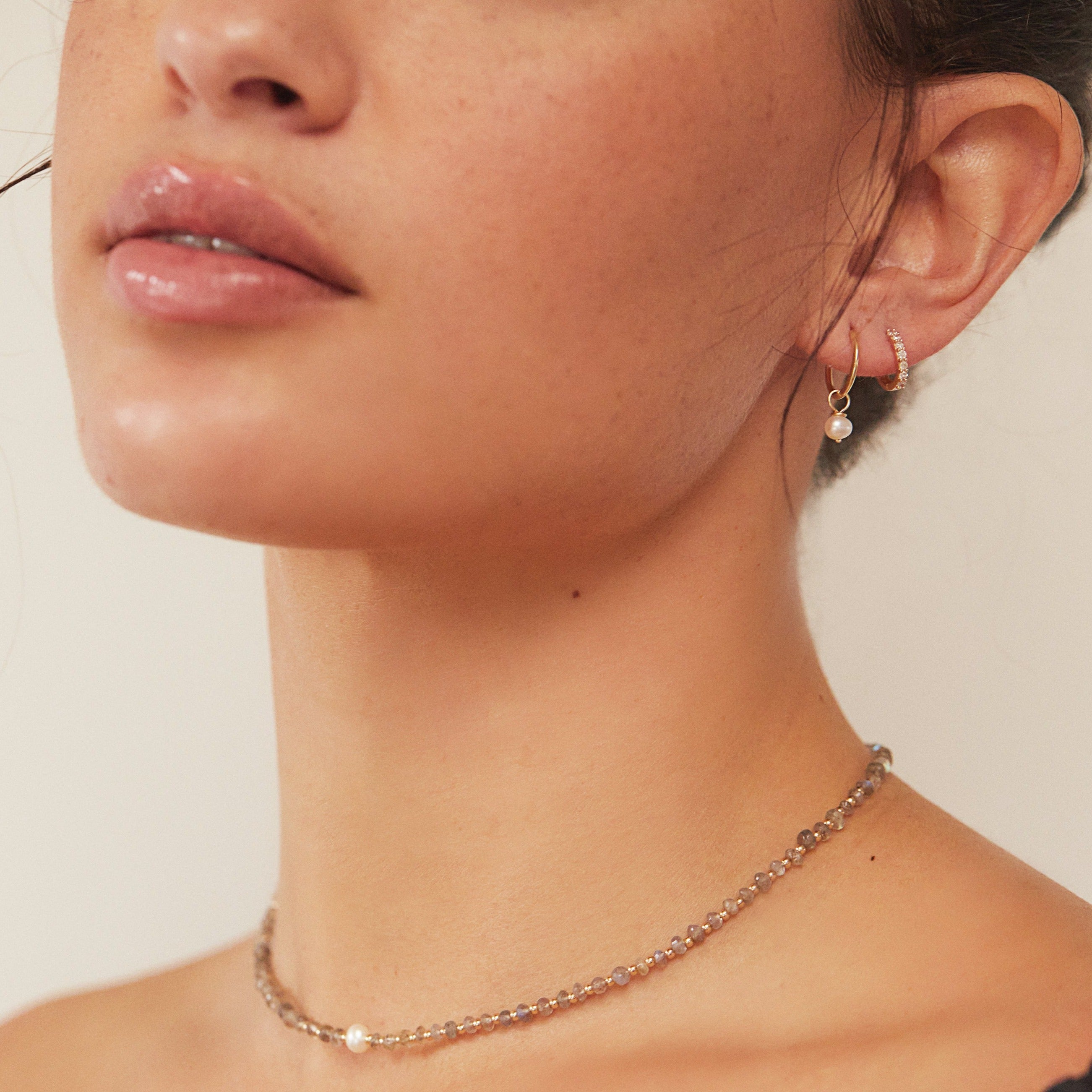 Solid White Gold Small Pearl Drop Hoop Earrings