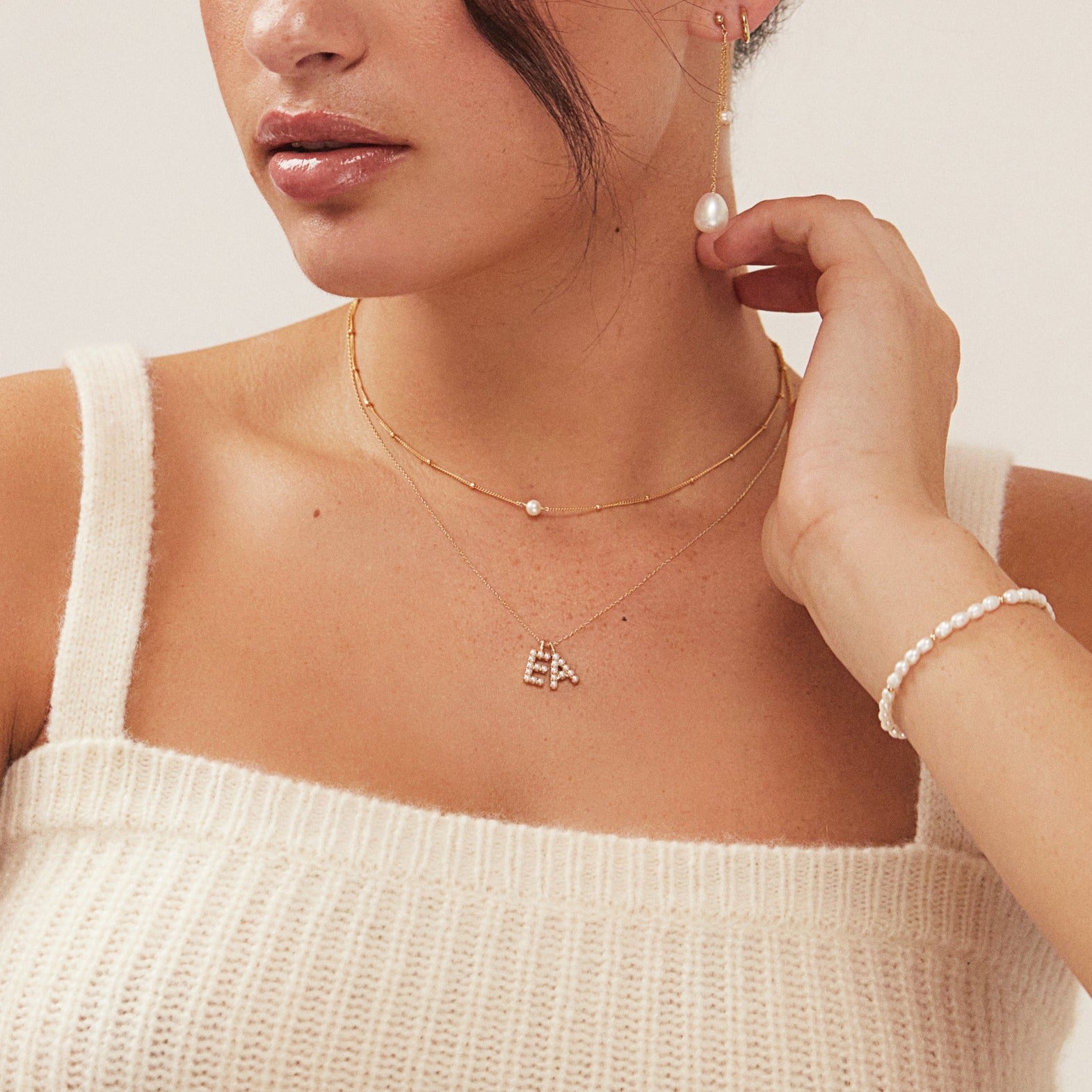 Solid White Gold Pearl Initial Letter Necklace