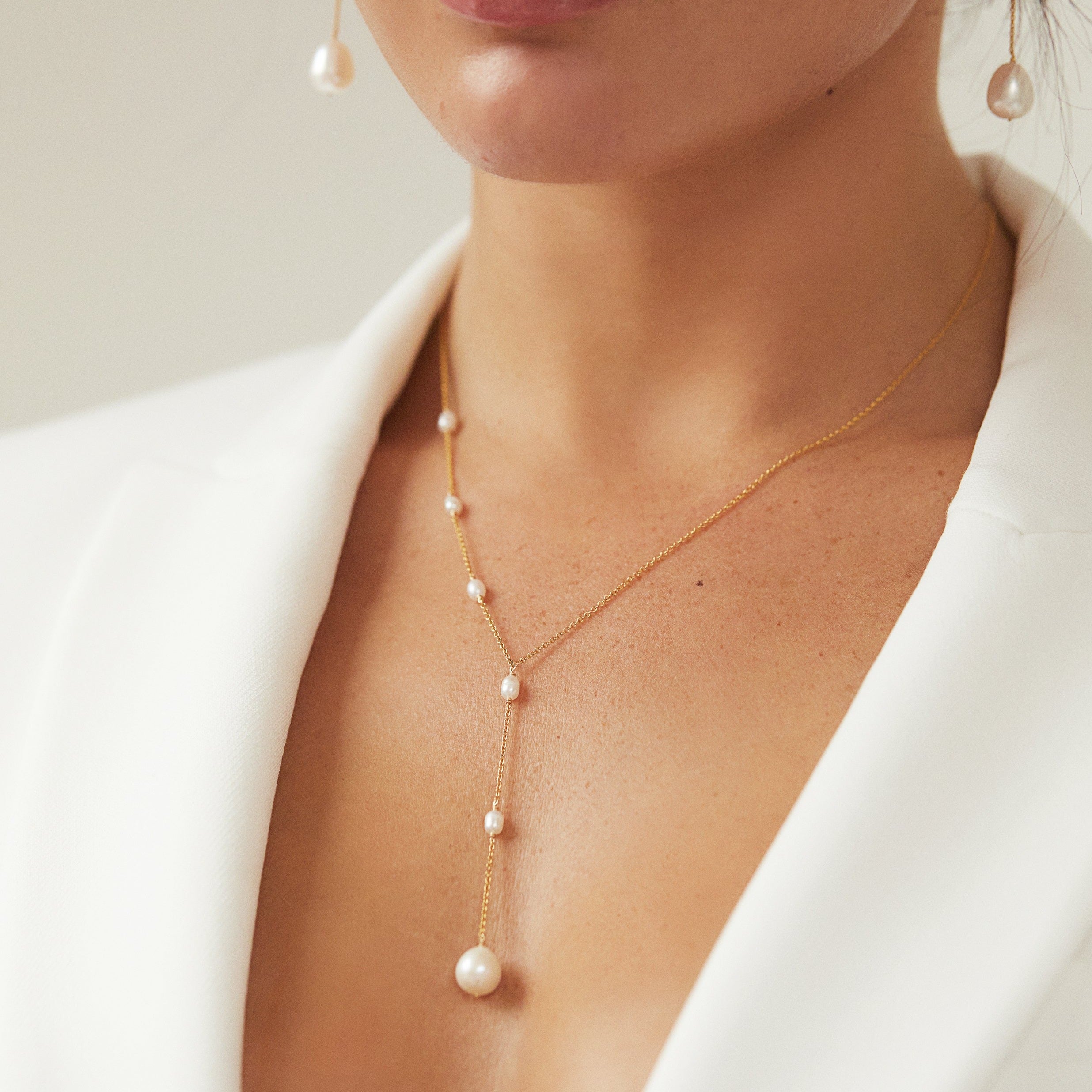 Solid White Gold Seed Pearl Lariat Necklace