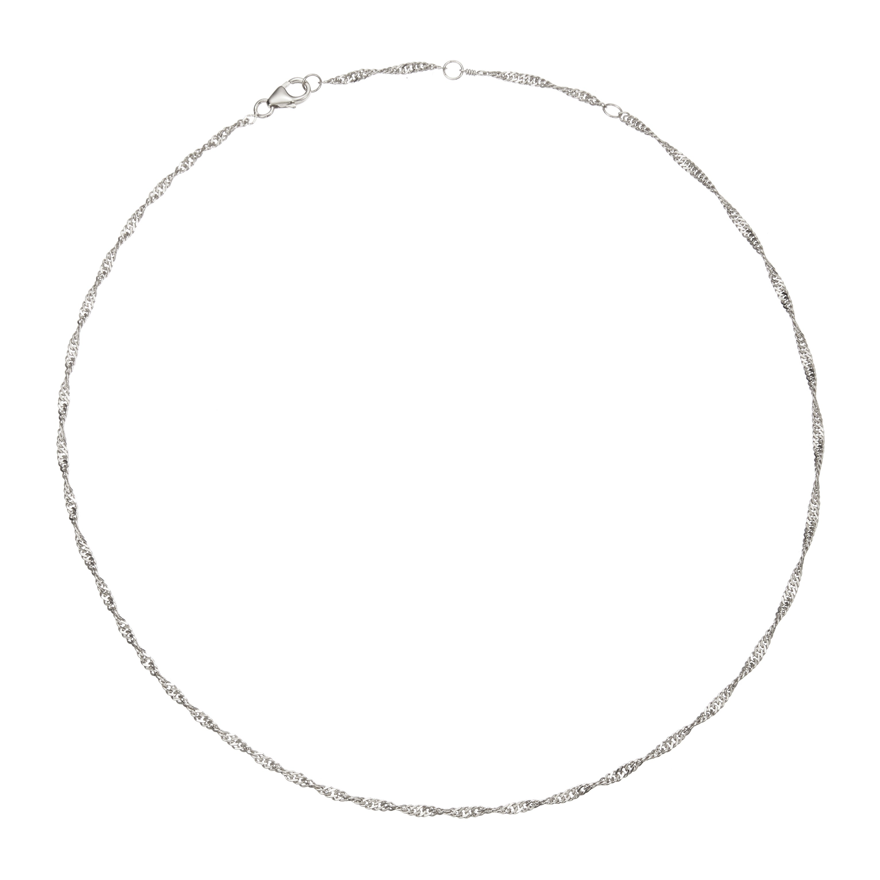 Silver twisted rope chain necklace on a white background