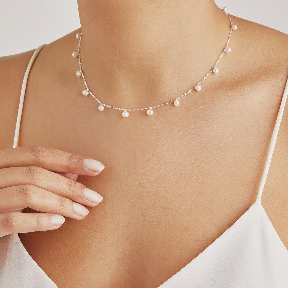 Solid White Gold Pearl Drop Choker