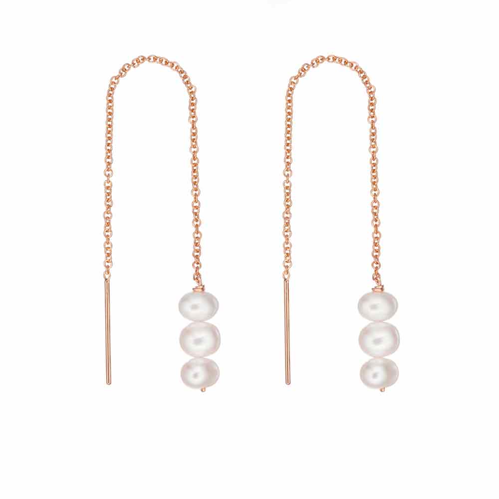 Rose gold cluster pearl drop ear threaders on a white background