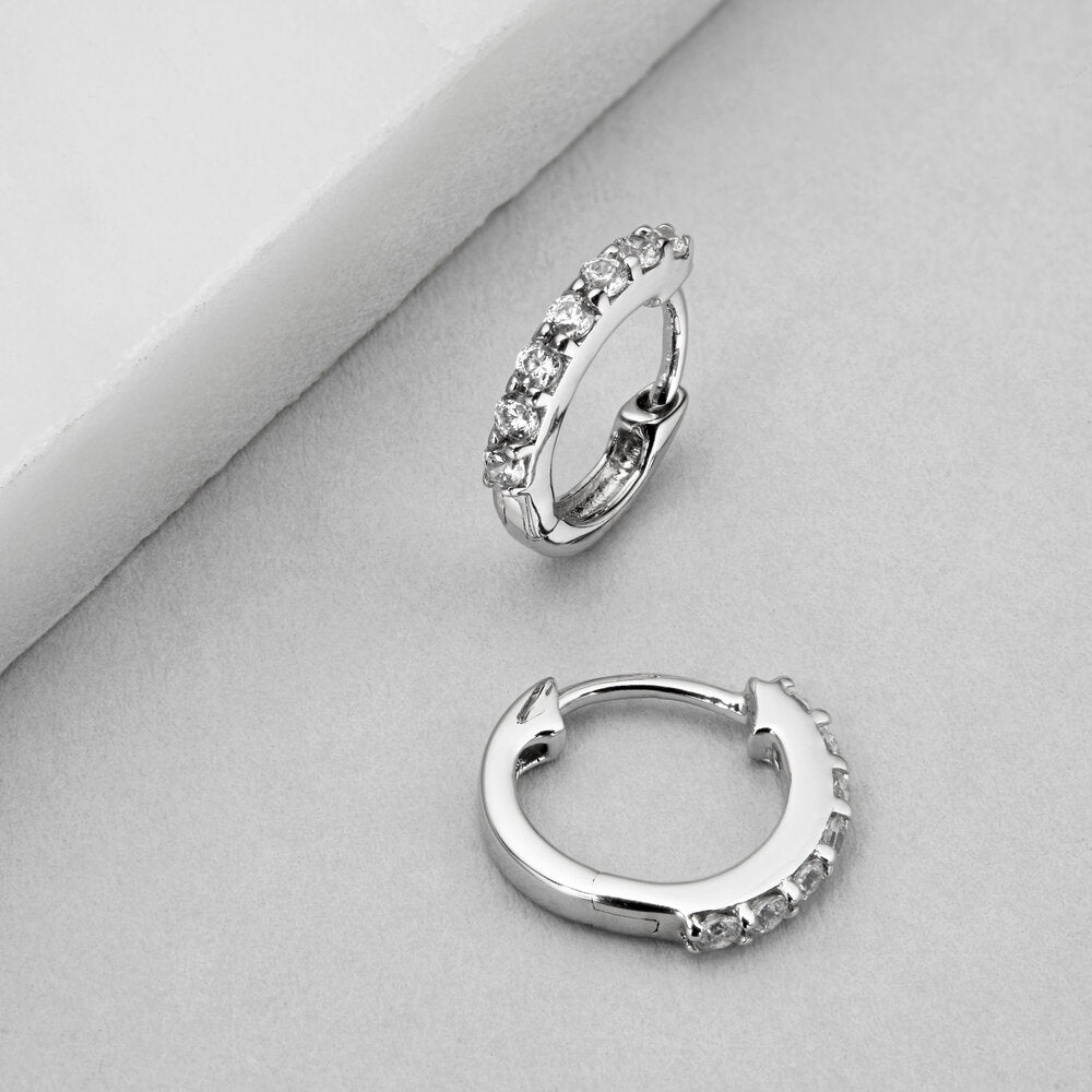 Silver Genuine Diamond Huggie Hoop Earrings