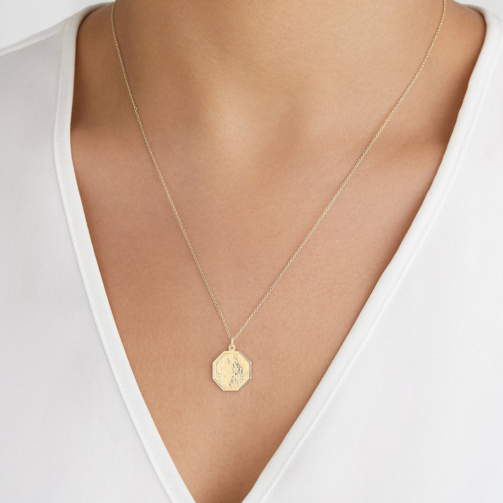 Solid Gold St Christopher Octagonal Medallion Necklace