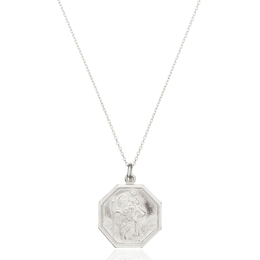 Silver St Christopher octagonal medallion necklace on a white background
