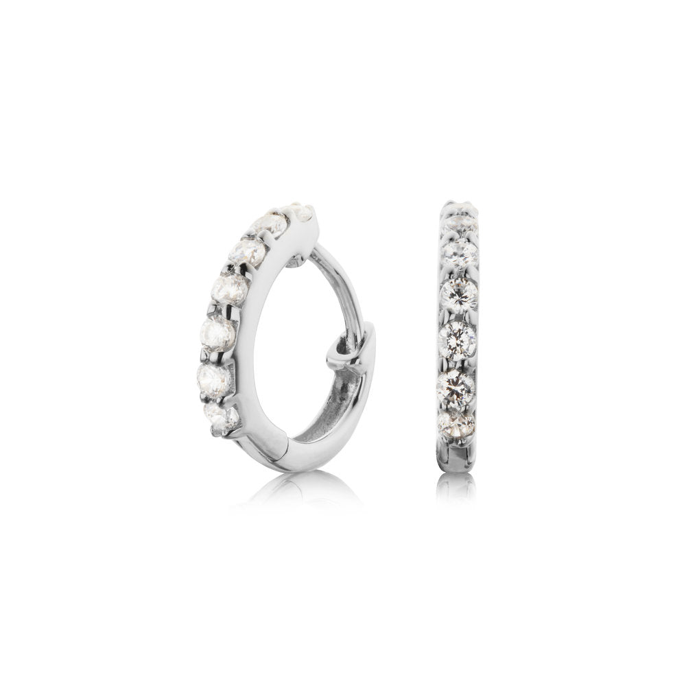 Solid White Gold Genuine Diamond Huggie Hoop Earrings