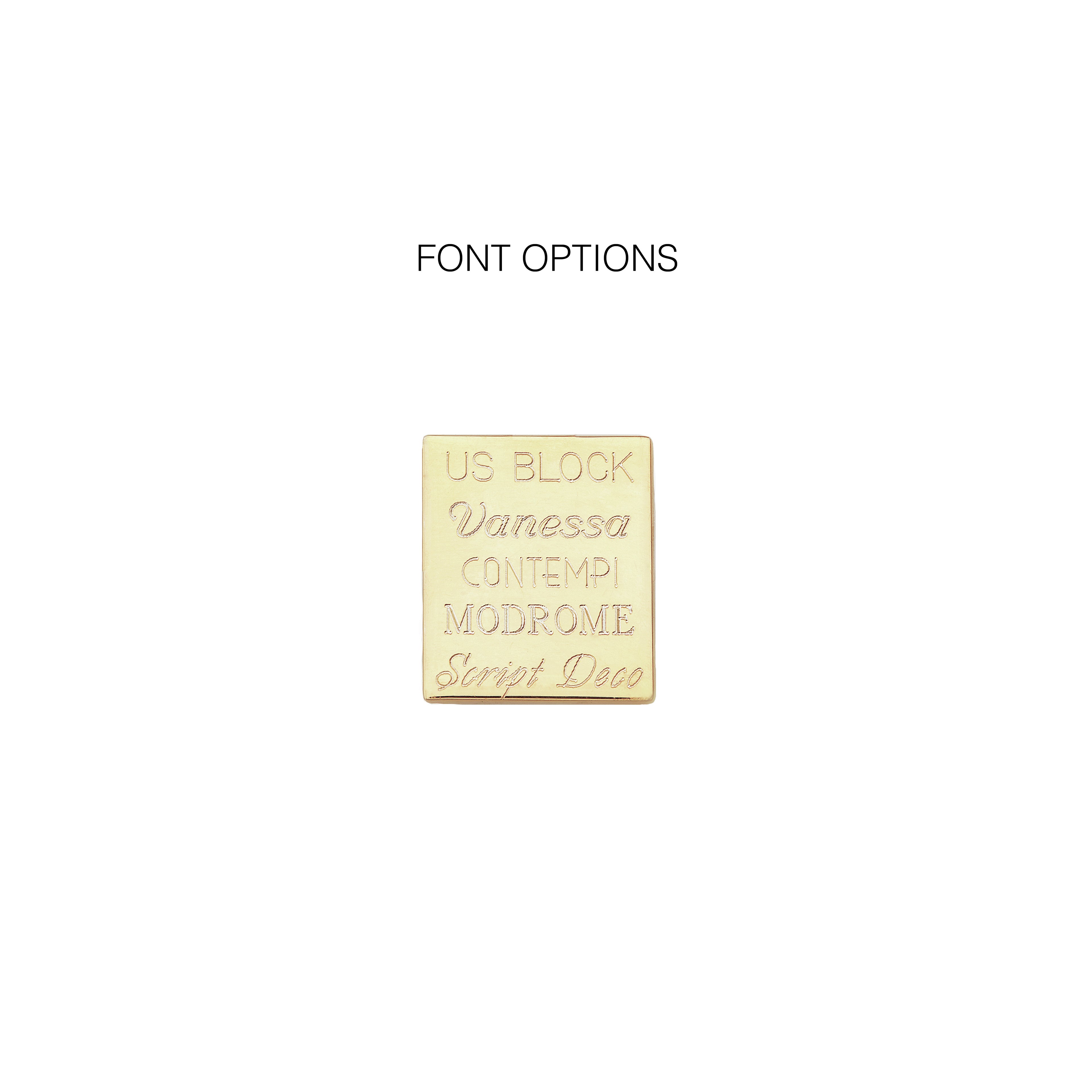 Font names written in their font engraved on a gold block with the label 'FONT OPTIONS'