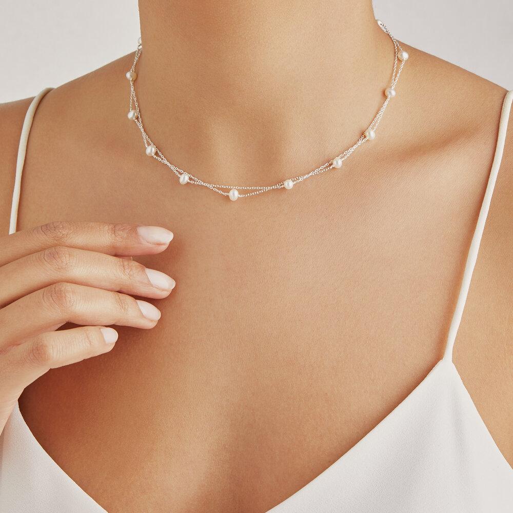 White Gold Layered Pearl Necklace