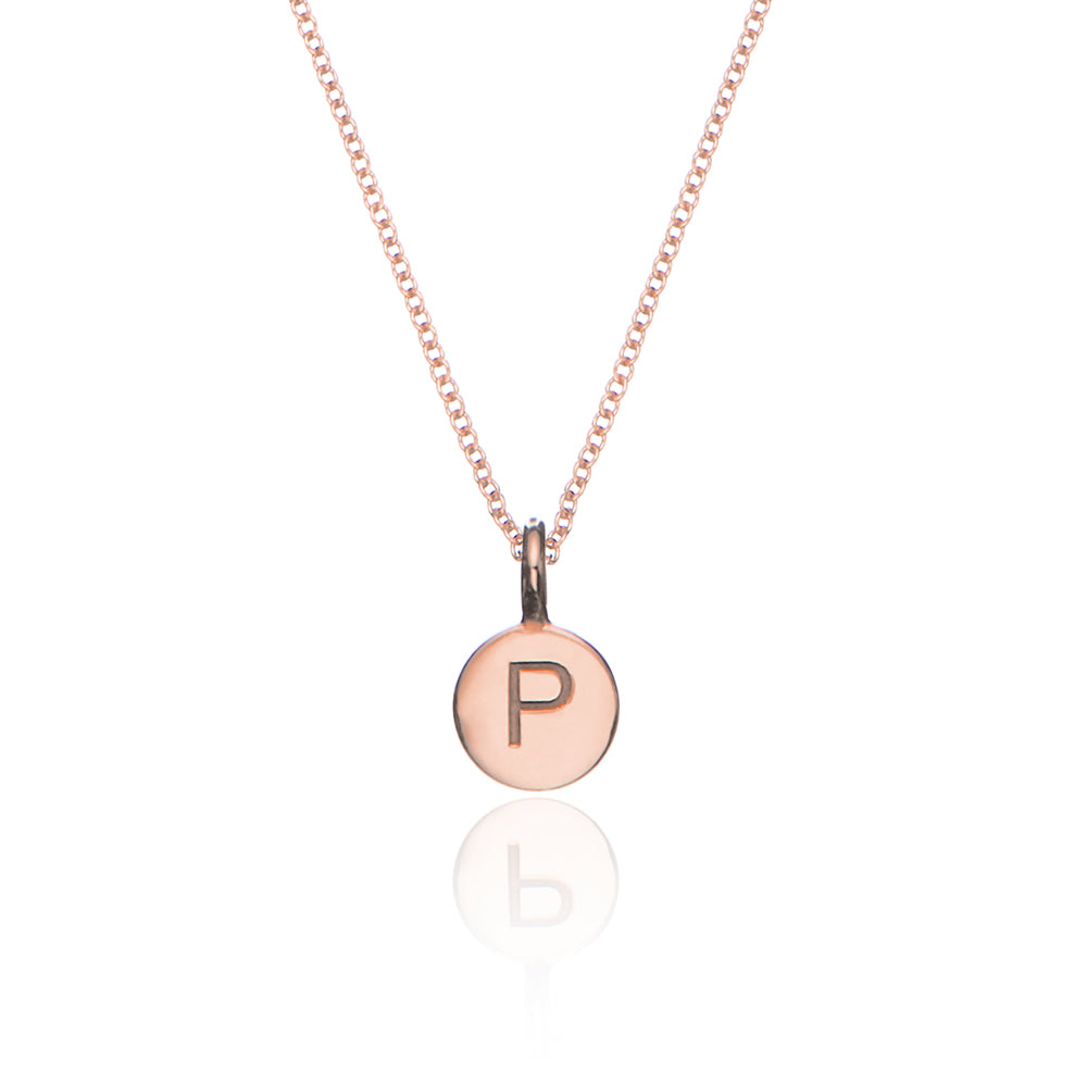 Rose gold small personalised disc necklace with the letter 'P' engraved