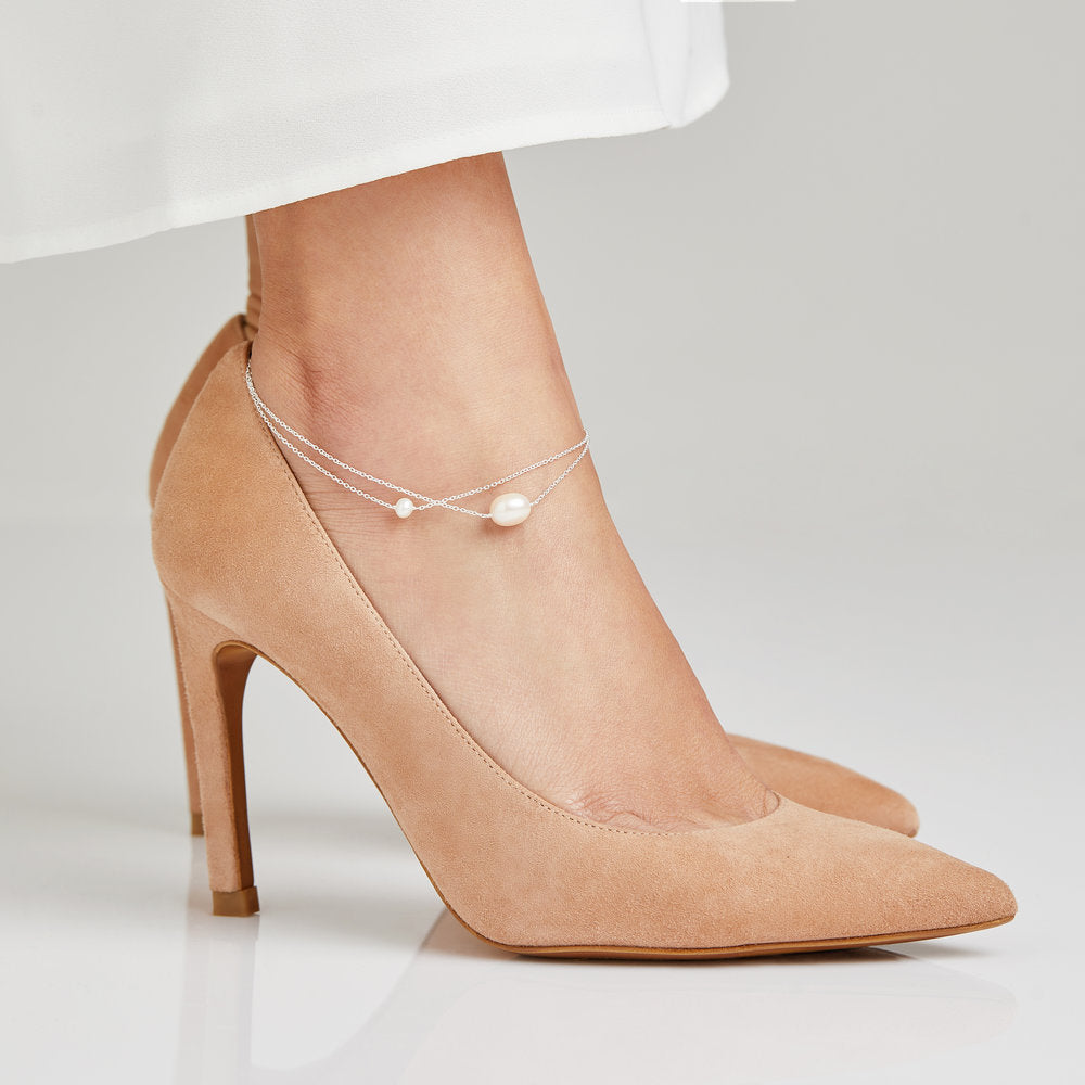 Silver Layered Large and Small Pearl Anklet