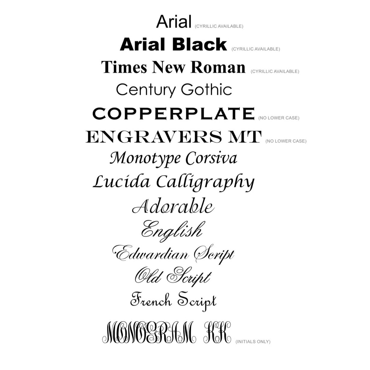 A list of 14 font types written in black in their font style