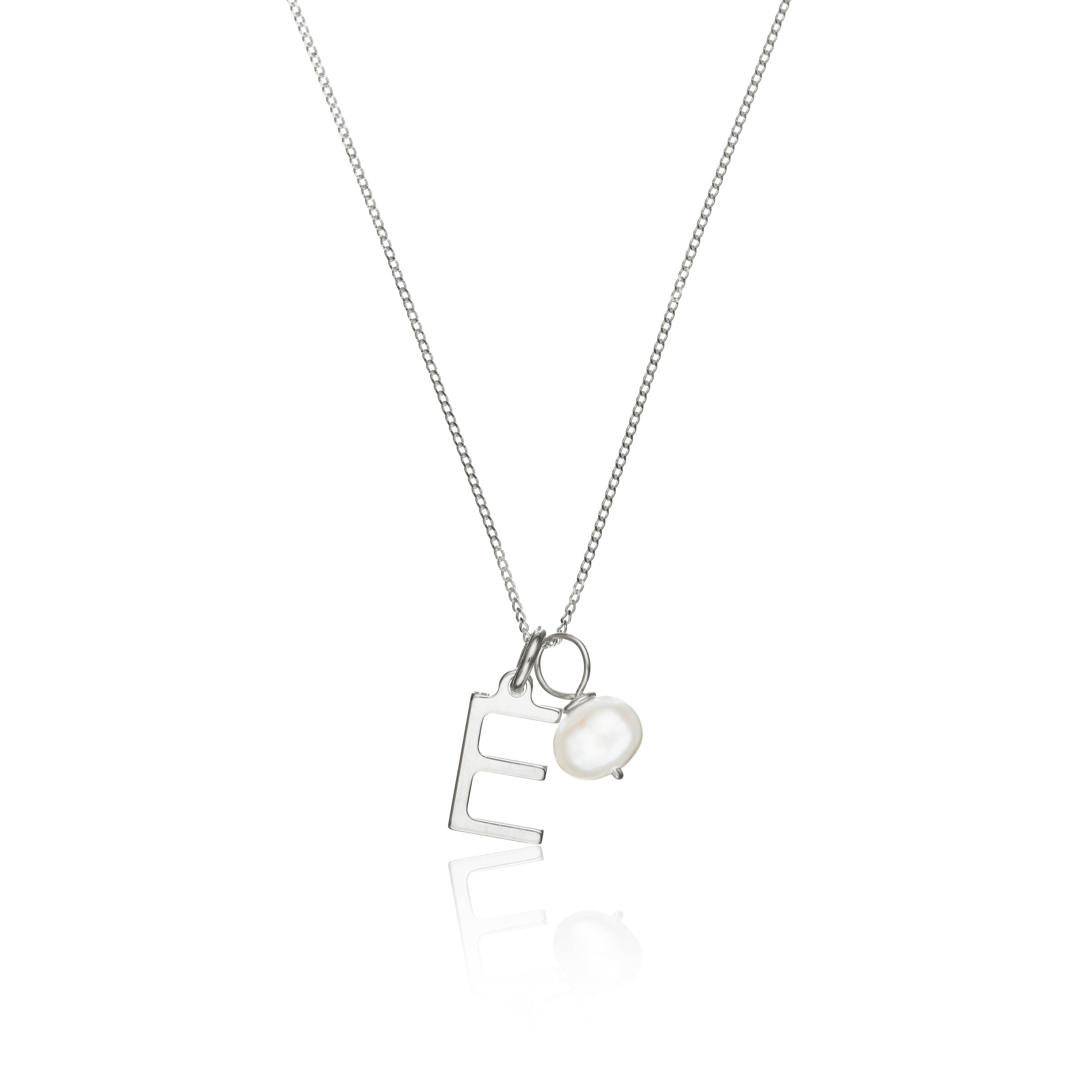 Solid White Gold Initial and Pearl Drop Necklace